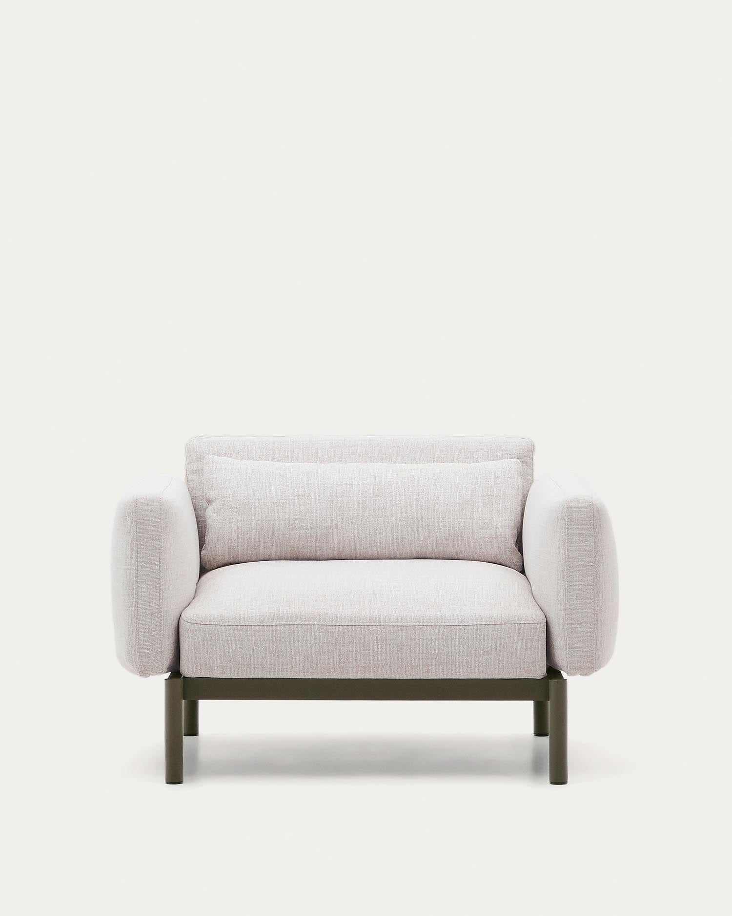 Moderner grüner Outdoor-Sessel Sorells von Kave Home, aus Aluminium, ideal für flexible Gartenmöbel-Kombinationen.