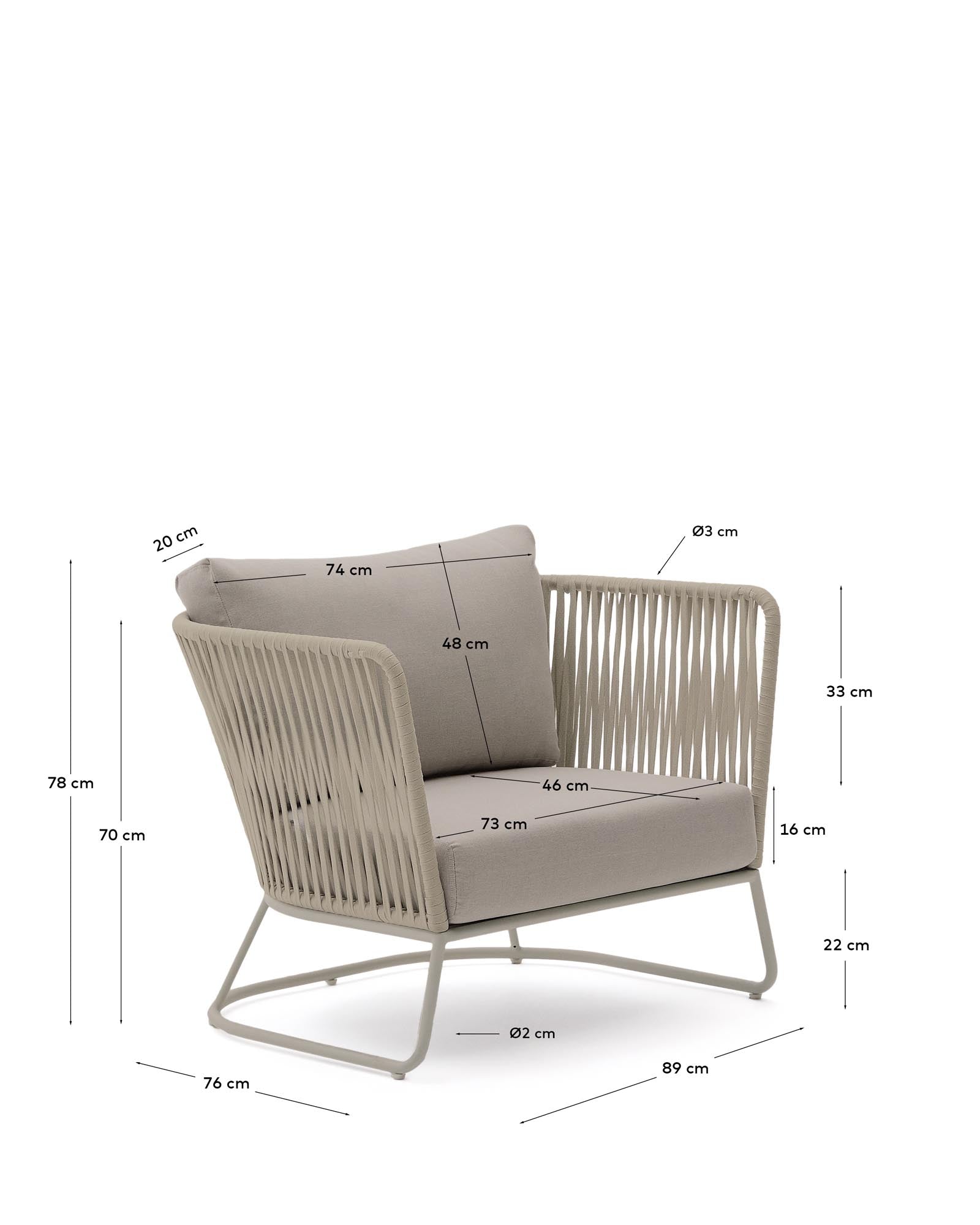 Bequemer Outdoor-Sessel Saconca, gefertigt aus robustem Seil und modernem, beige verzinktem Stahl – ideal für entspannte Stunden im Freien.