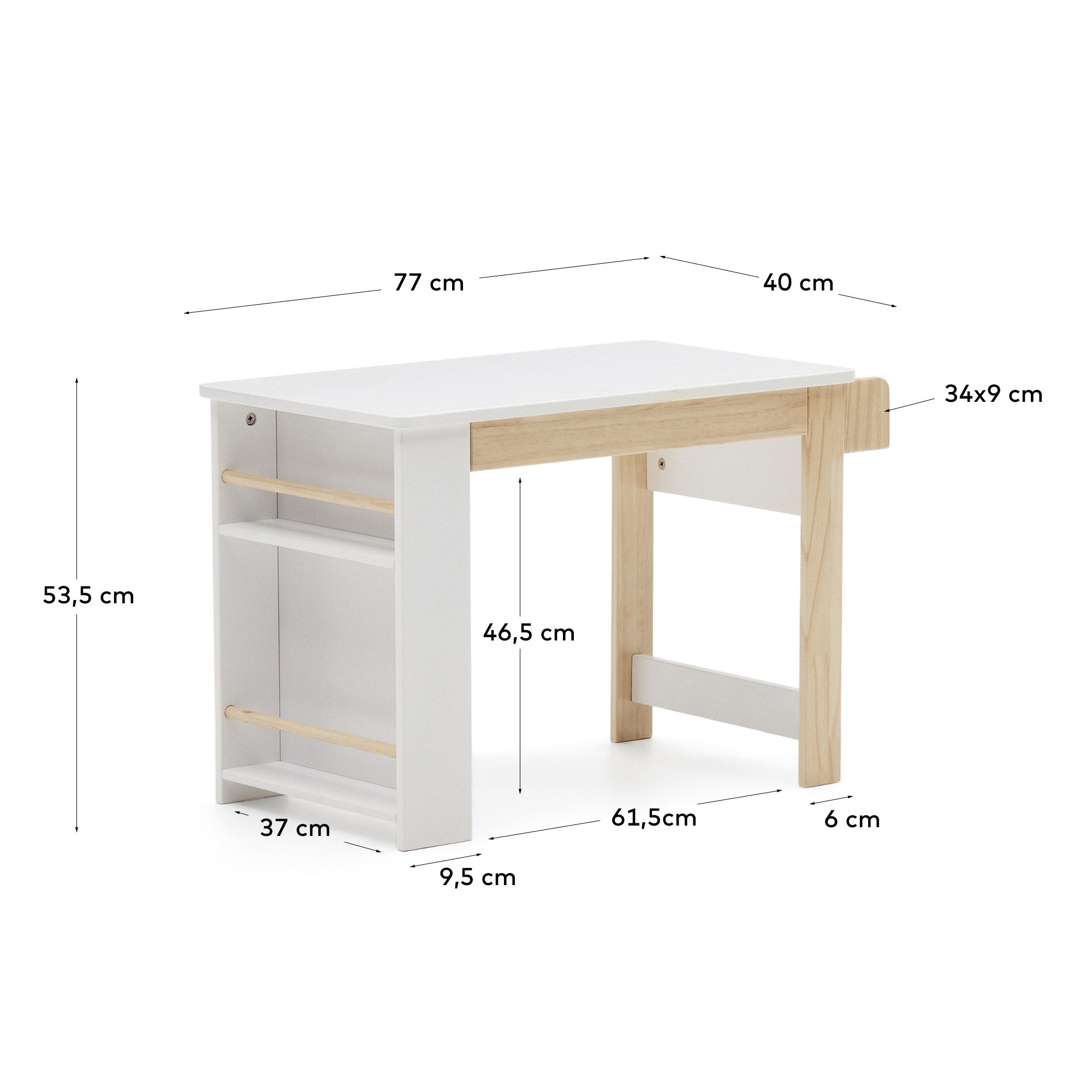 Der Serwa Schreibtisch aus weißem MDF und massiver Kiefer bietet Stabilität und Stil. Ideal für kreative Kinder und ergonomisches Lernen.