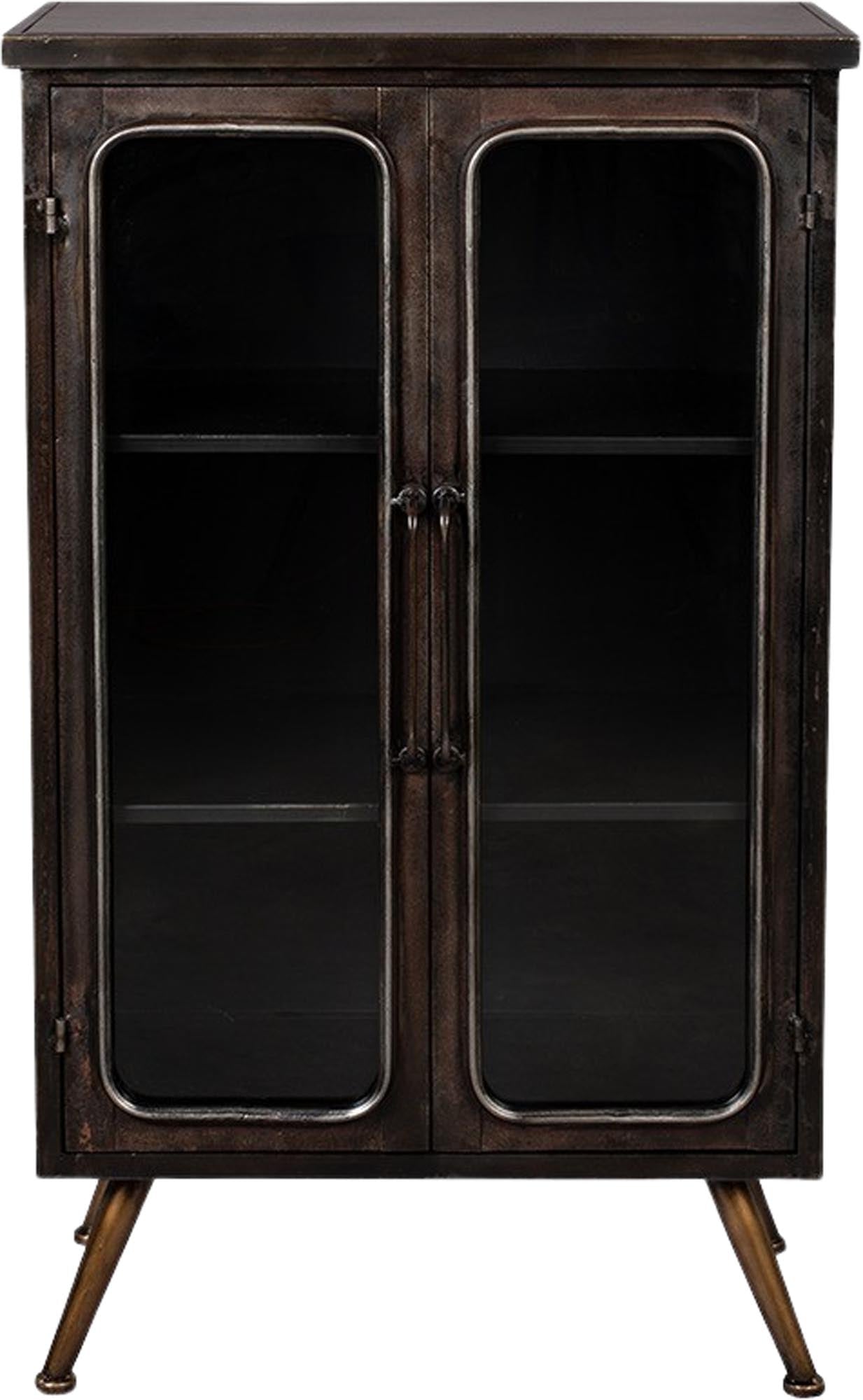 Modernes, minimalistisches Cabinet DENZA in Schwarz, aus Glas und pulverbeschichtetem Eisen, 60x35x100cm, vielseitig und stilvoll.