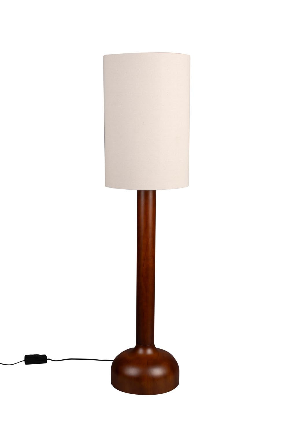 Die Dutchbone Jones Stehlampe vereint Vintage-Charme mit modernem Design: Walnuss-Sockel, cremefarbener Schirm, dimmbares, warmes Licht.
