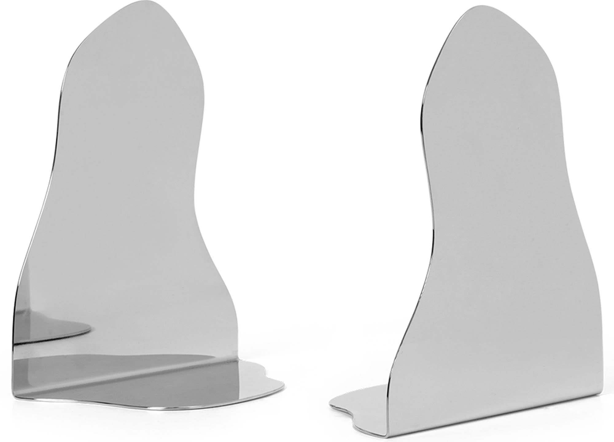 Elegante Pond-Buchstütze aus poliertem Edelstahl, inspiriert von Pfützen, für stilvolle Ordnung im Regal.