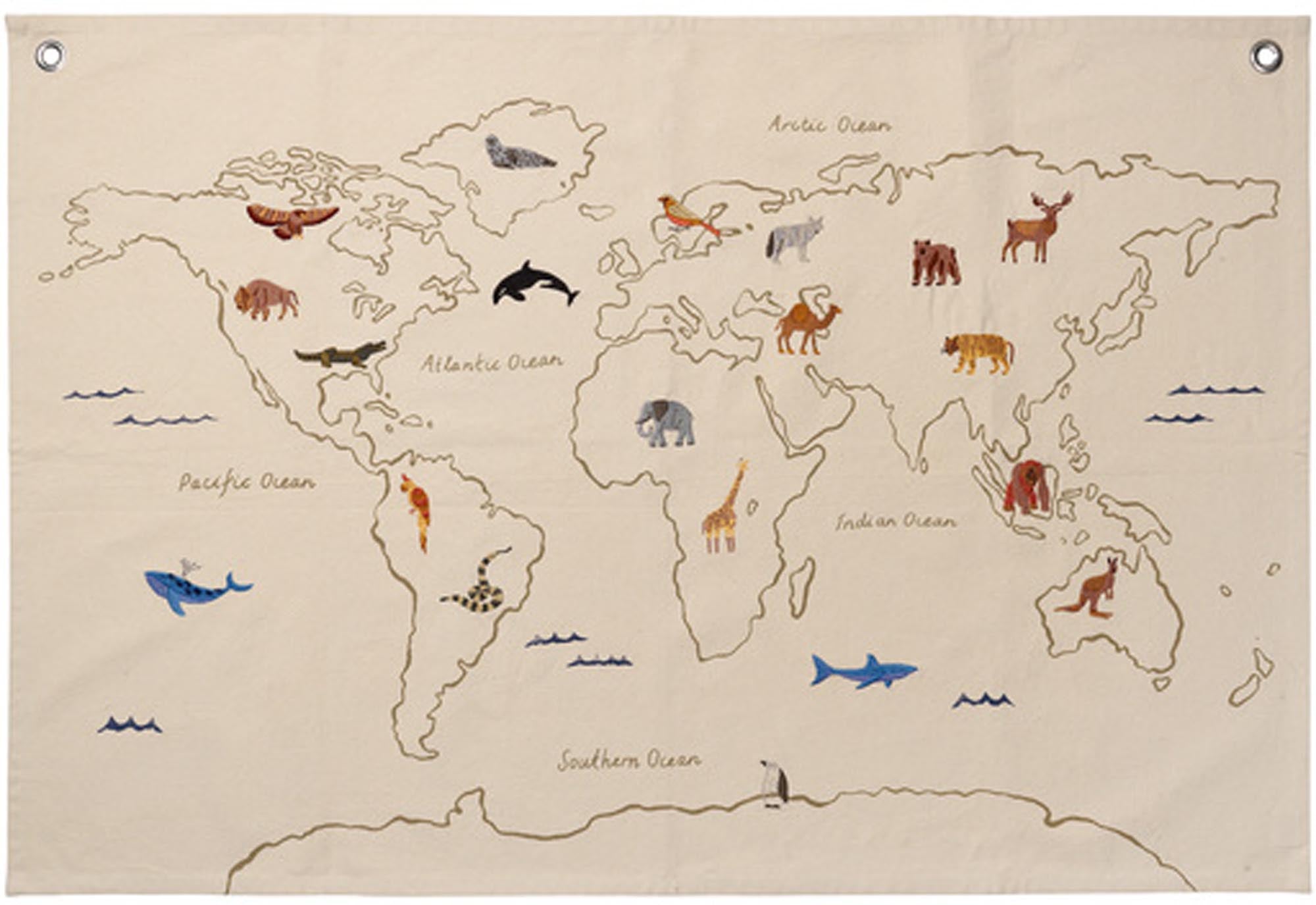 Fühlbare Weltkarte für Kinder: Entdecke Kontinente & Tiere mit gestickten Details. Inspirierende Wanddekoration.