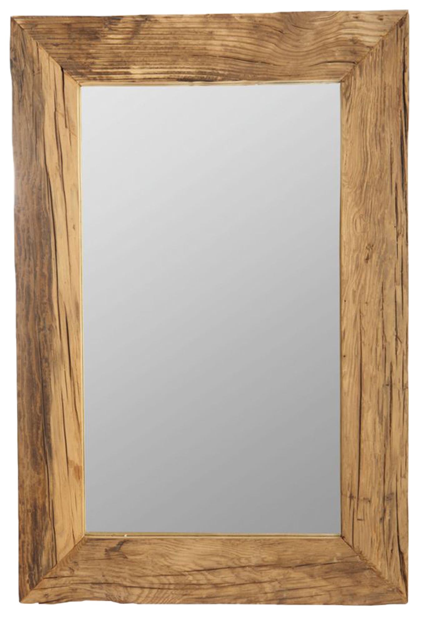 Spiegel mit rustikalem Holzrahmen, 60x90 cm, aus recyceltem Material. Ideal für Bad, Flur oder als Deko. Einzigartig und feuchtraumgeeignet.