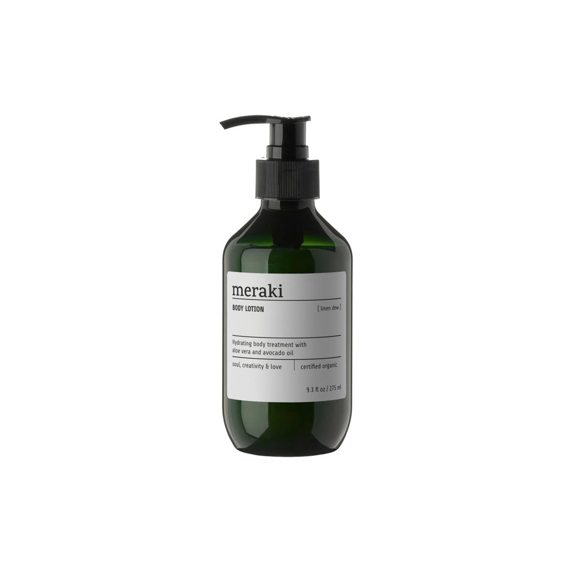 Entdecke die Meraki Body Lotion Linen Dew: Feuchtigkeitspflege mit Bio-Inhaltsstoffen, Vitamin E und erfrischendem Duft für alle Hauttypen.