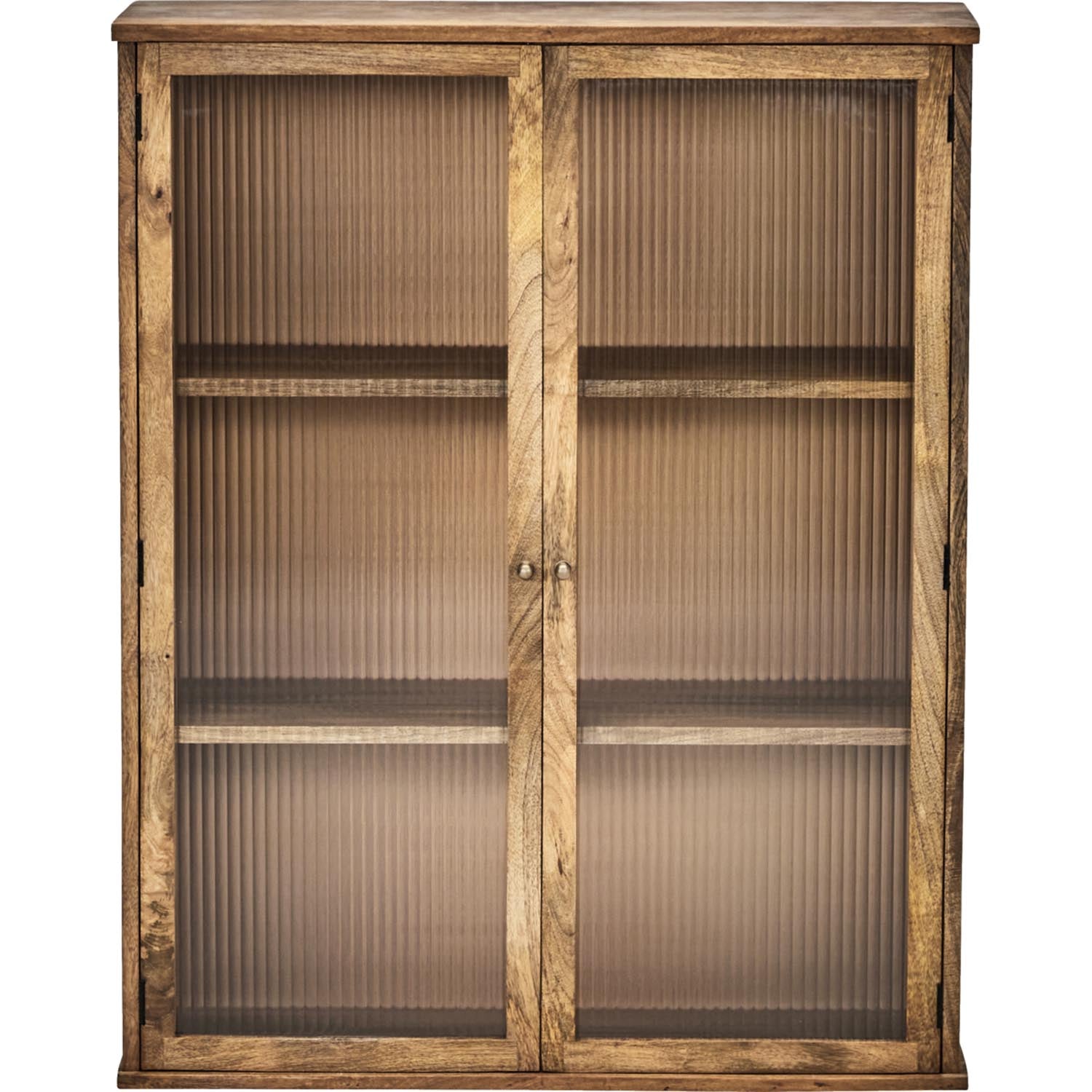 Elegantes Hängeregal aus Mangoholz in antikem Braun mit Glasfront, ideal zur stilvollen Präsentation und Aufbewahrung.