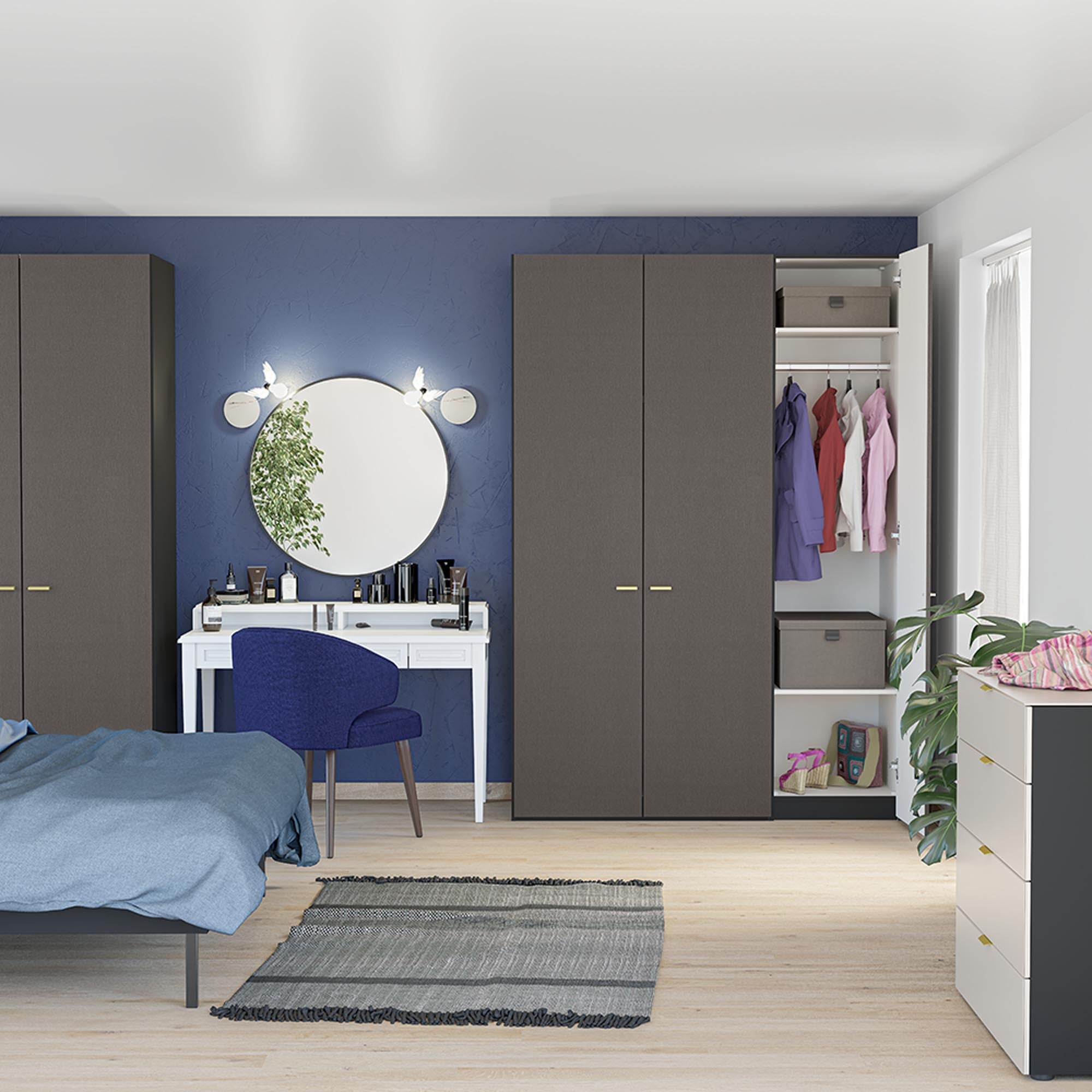 Eleganter 3-türiger Drehtürenschrank in Anthrazit von Jutzler: Hochwertiges Design, vielseitige Innenausstattung und einfache Montage für jeden Raum.
