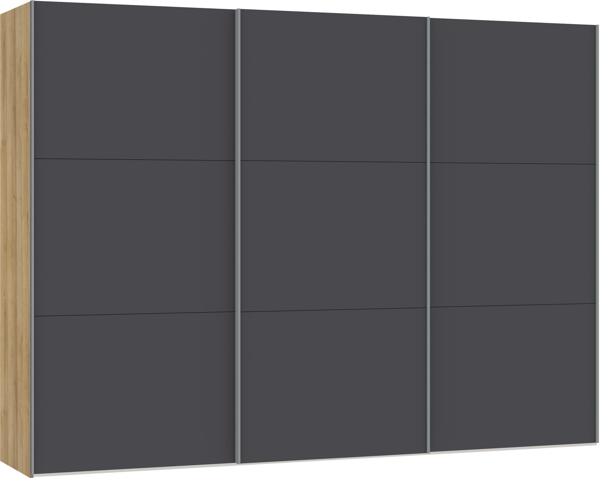 Erlebe den Jutzler XL Schwebetürenschrank in stilvollem Anthrazit – ideal für modernen Stauraum mit praktischem Zubehör und anpassbarem Innenleben.