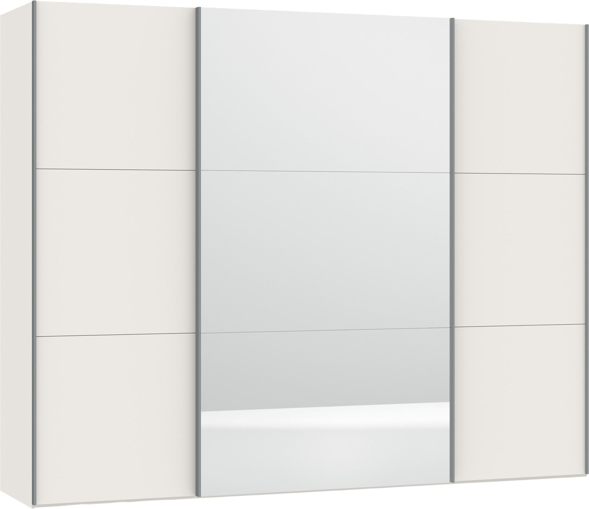 Moderner Jutzler Schwebetürenschrank in Cremeweiss mit Spiegelfront.