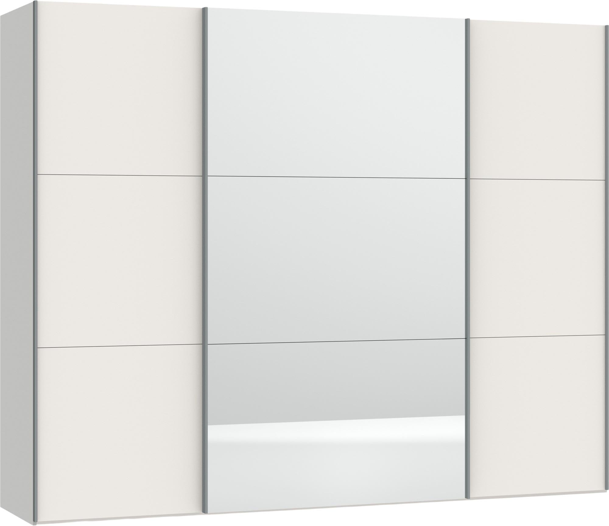 Jutzler Schwebetürenschrank: Cremeweiss, Spiegel, inkl. Zubehör.