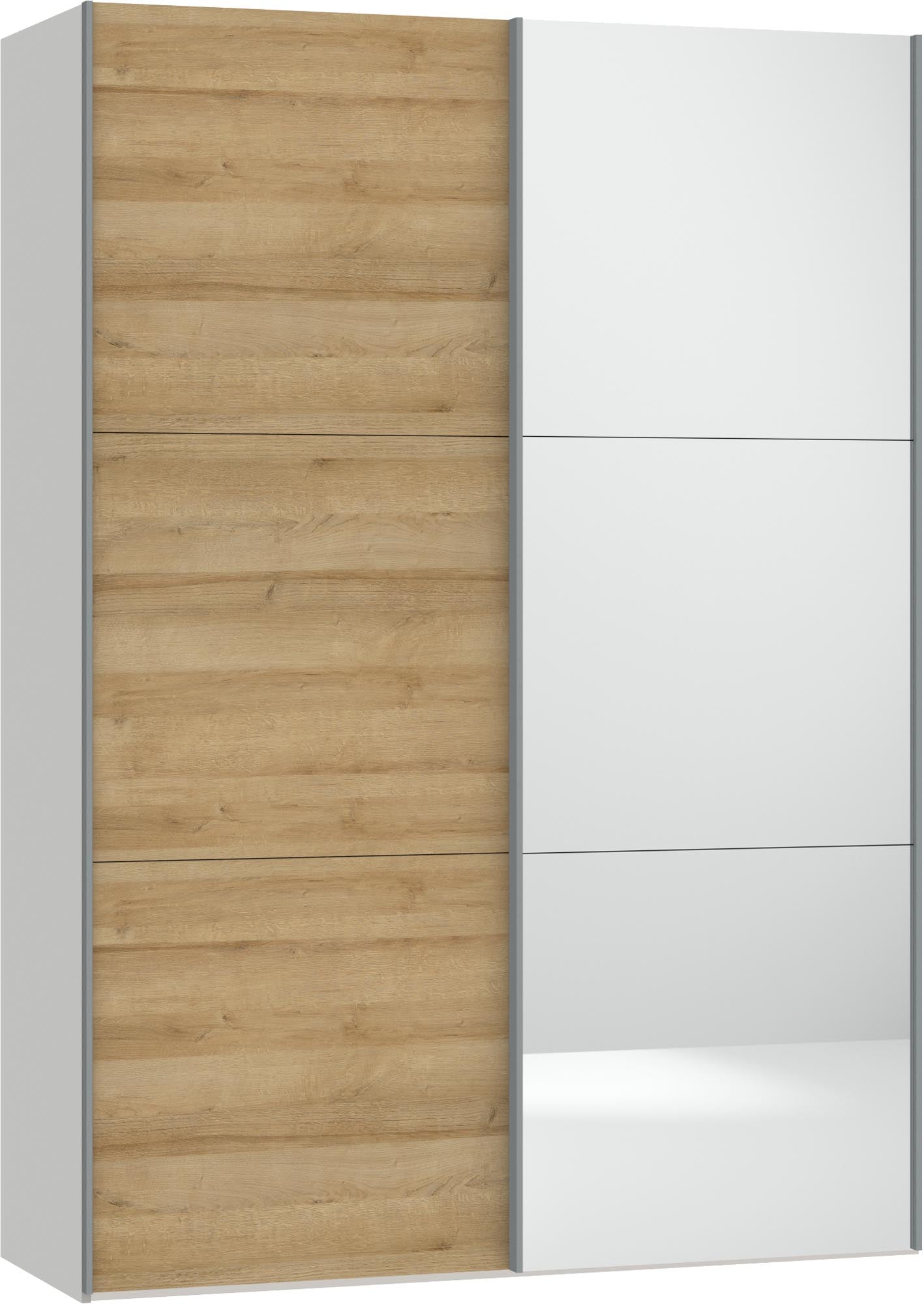 Moderner Schwebetürenschrank in Eiche mit Spiegel und Zubehör.