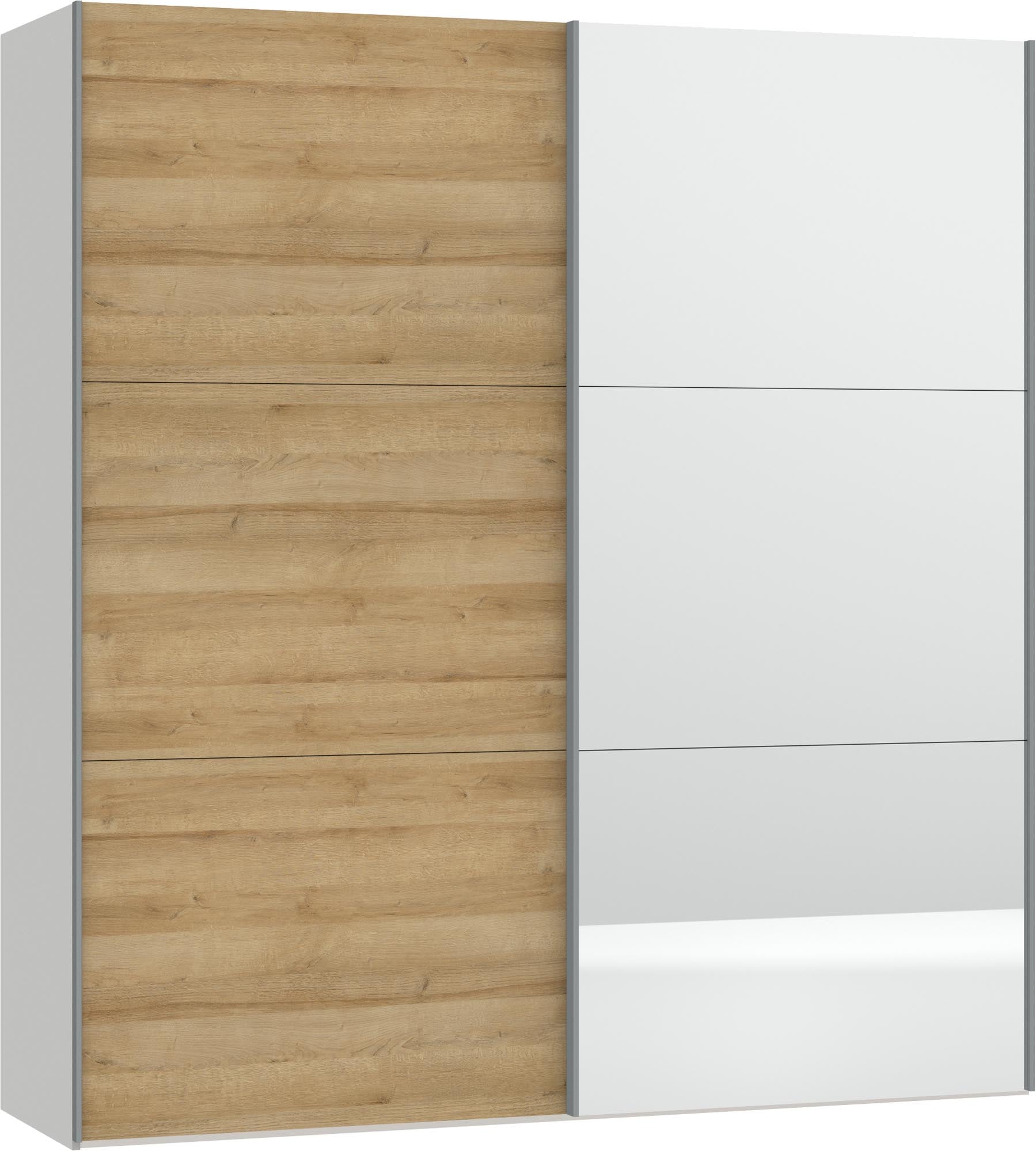 Moderner Jutzler Schwebetürenschrank XS: Eiche mit Spiegel-Highlight.