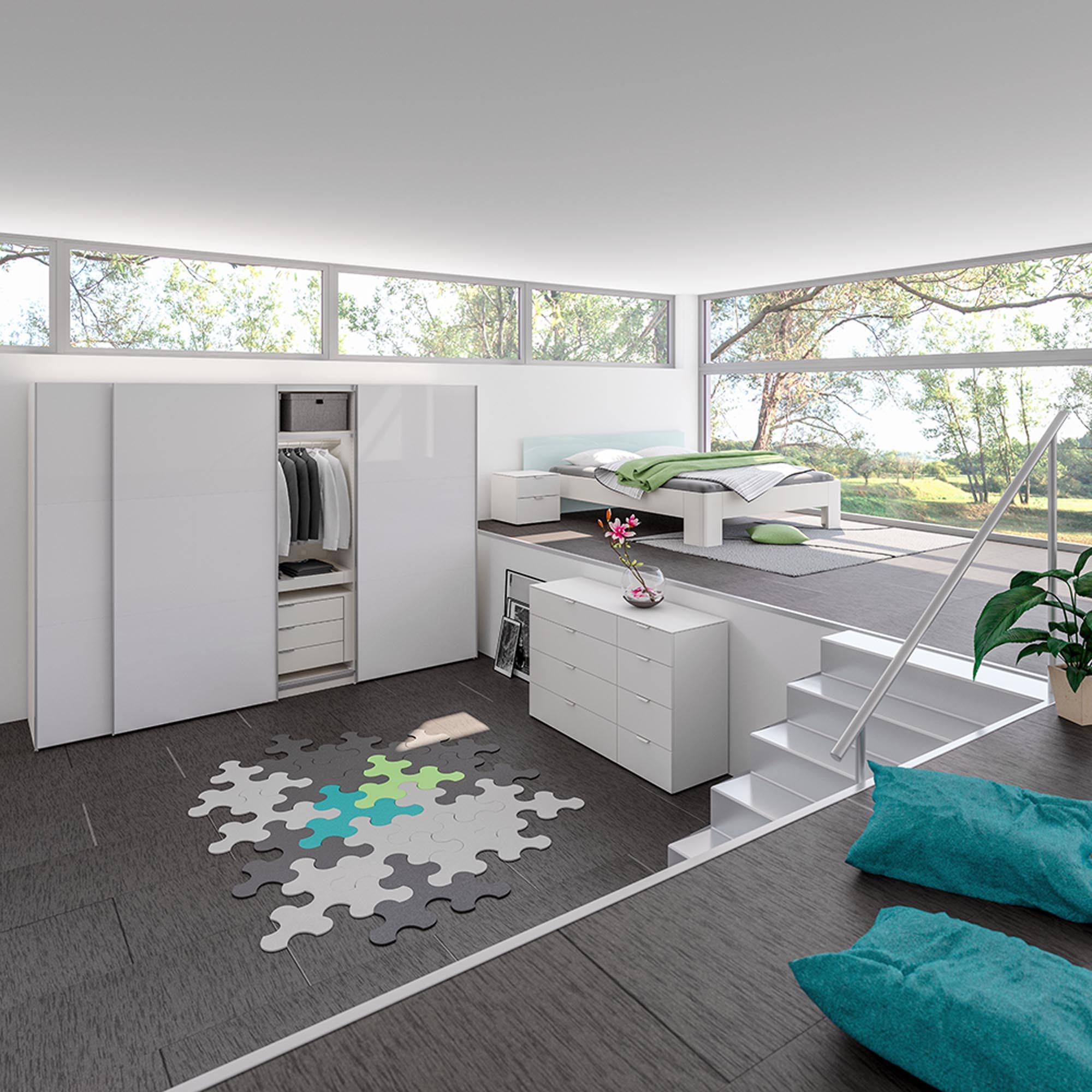 Moderner XXL Schwebetürenschrank in strahlendem Premiumweiss von Jutzler – ideal für stilvolle und geräumige Aufbewahrungslösungen.