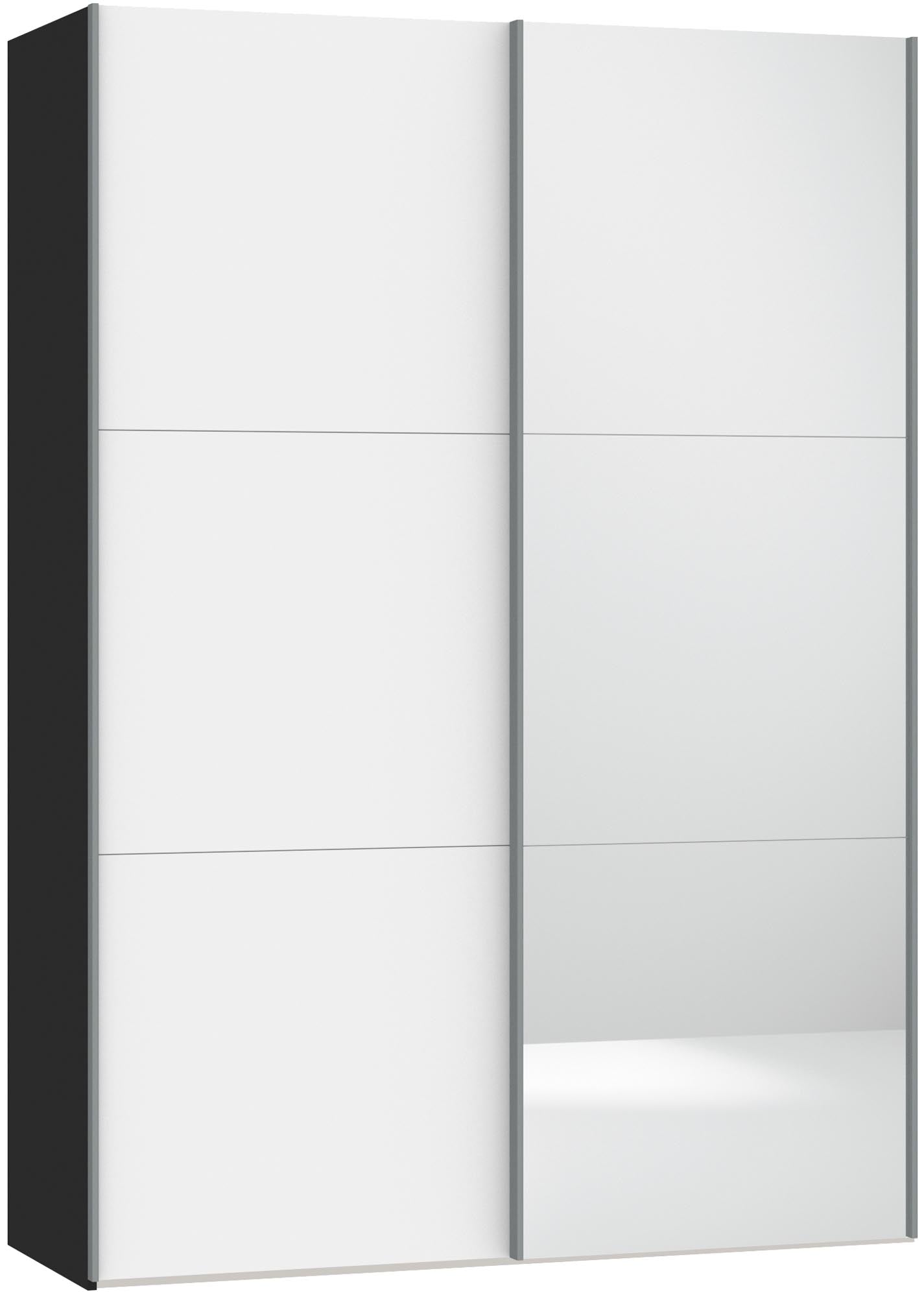 Eleganter Schwebetürenschrank in Premiumweiss mit Spiegel, individuell konfigurierbar, stabil und einfach aufzubauen.