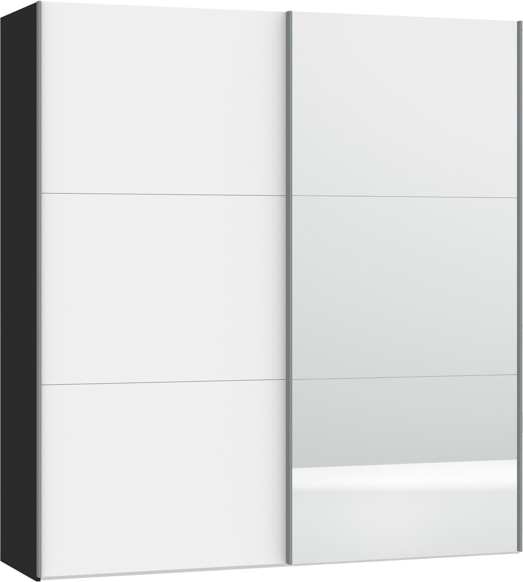 Eleganter Schwebetürenschrank in Premiumweiss mit Spiegel, individuell konfigurierbar, stabil und einfach aufzubauen.