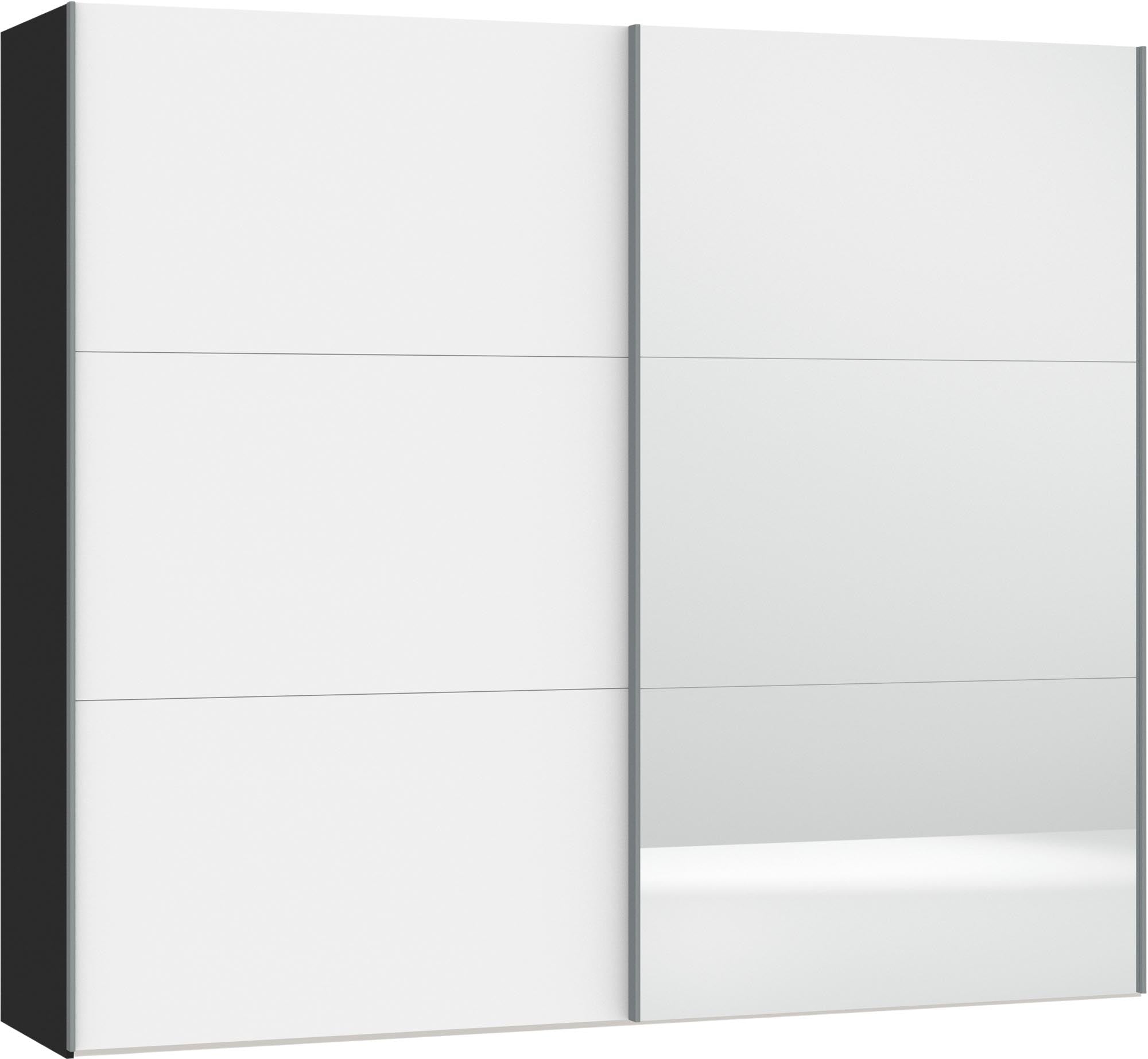 Eleganter Schwebetürenschrank in Premiumweiss mit Spiegel, individuell konfigurierbar, stabil und einfach aufzubauen.