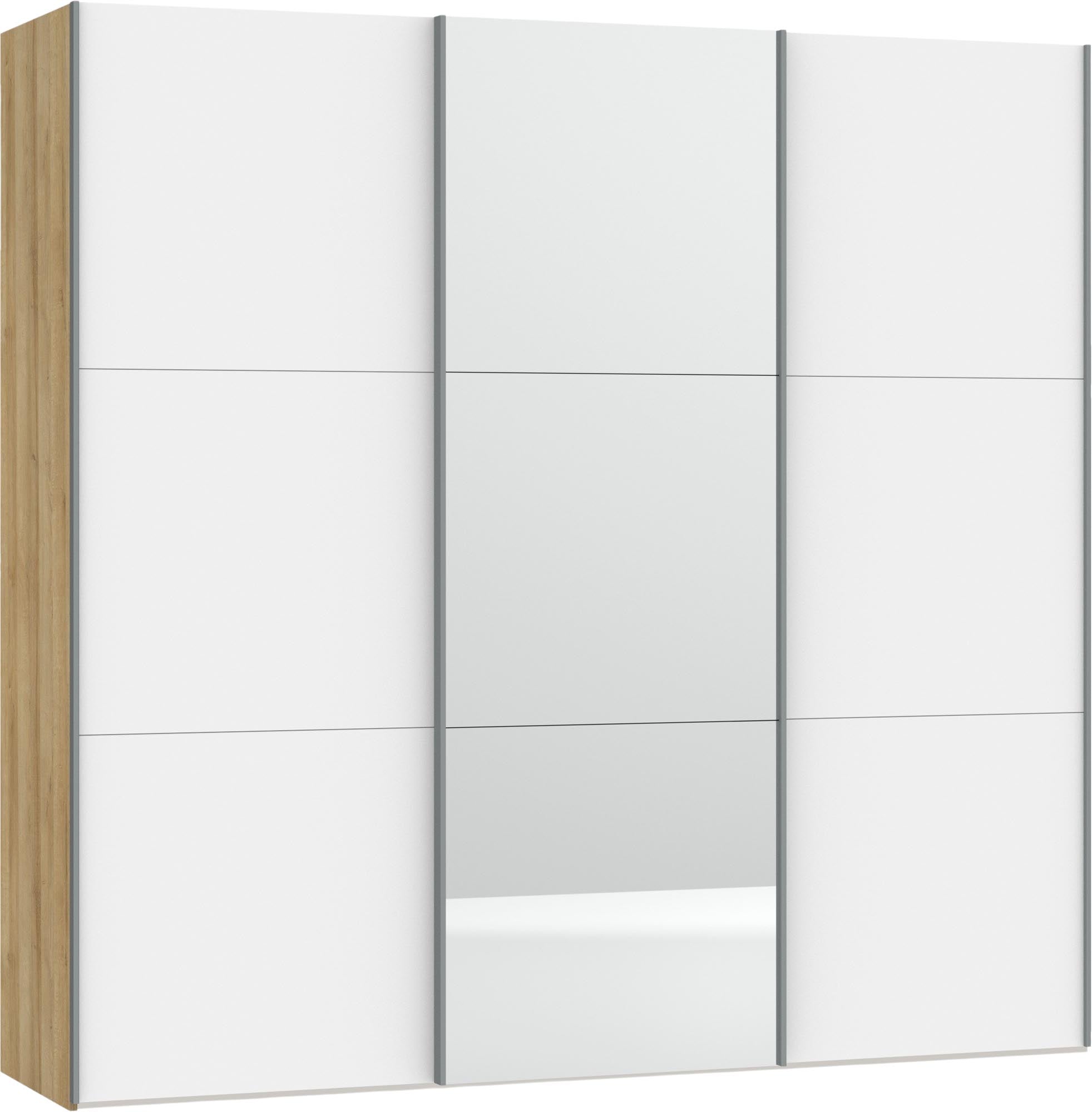 Eleganter Schwebetürenschrank in Premiumweiss mit Spiegel. Hochwertige Verarbeitung, individuelle Innenraumgestaltung und einfache Montage.