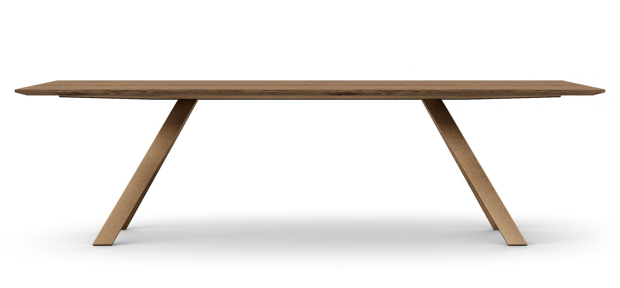 Eleganter Tisch aus Eichenholz mit bronzefarbenem Metall, ideal für moderne Wohnräume und stilvolle Essbereiche.