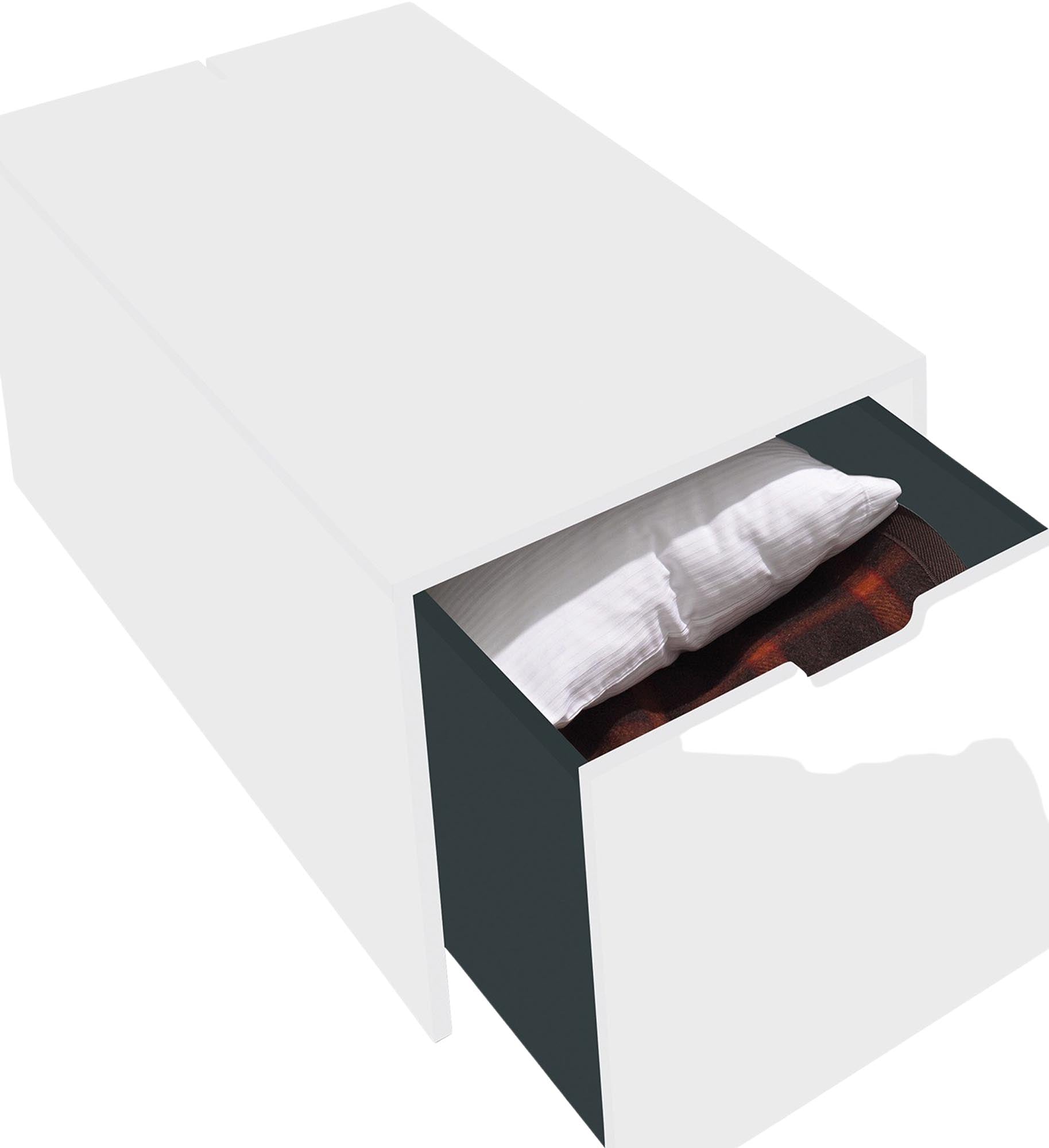 Bettkasten16 von Müller Möbelwerkstätten: Geräumiger Schubkasten mit innovativer Kabelführung und soft-close Mechanik für eleganten Stauraum.