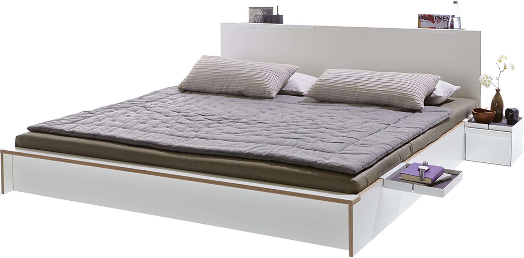 FLAI Doppelbett: Schwebendes Design, minimalistisch, in Weiss/Anthrazit, mit Kopfteil, Metallablagen, LED-Beleuchtung.