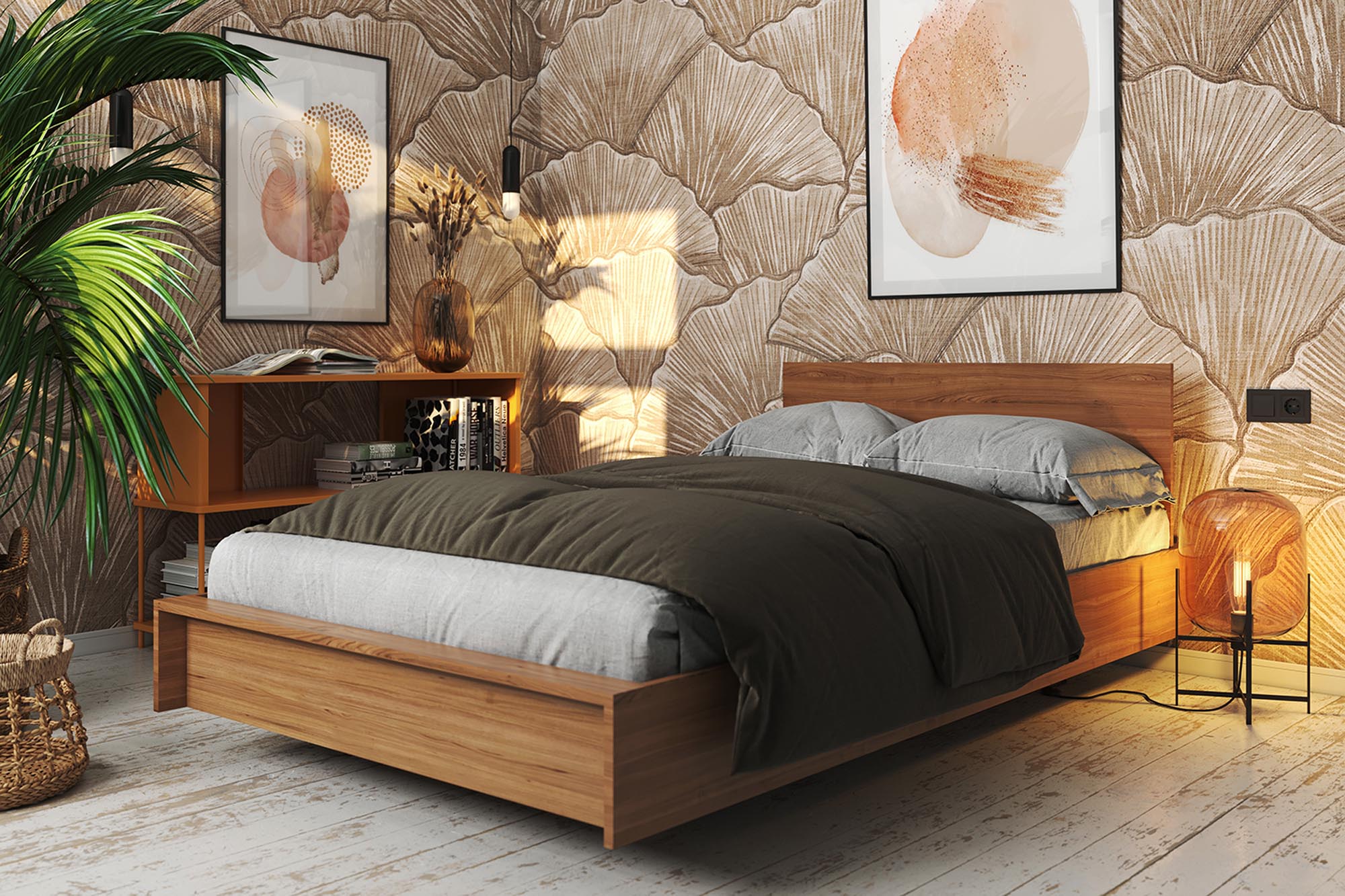 Modernes FLAI Doppelbett mit schwebendem Design, praktischen Ablagen und optionaler LED-Beleuchtung für ein stilvolles Schlafzimmer.