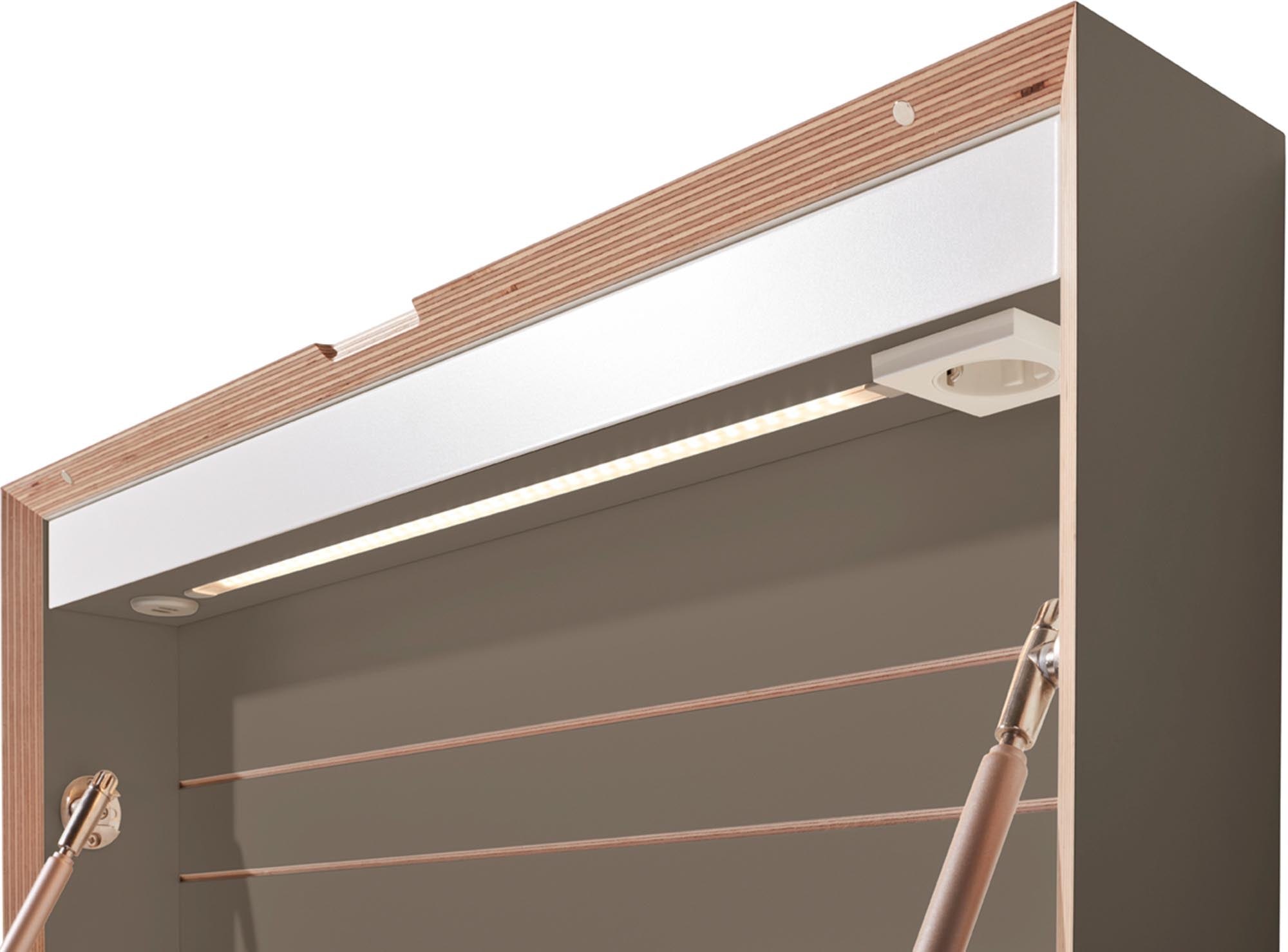 Entdecken Sie die FLATBOX von Müller Möbelwerkstätten: Ein vielseitiger Wandsekretär mit LED-Beleuchtung und Steckdose, ideal für jeden Arbeitsplatz.