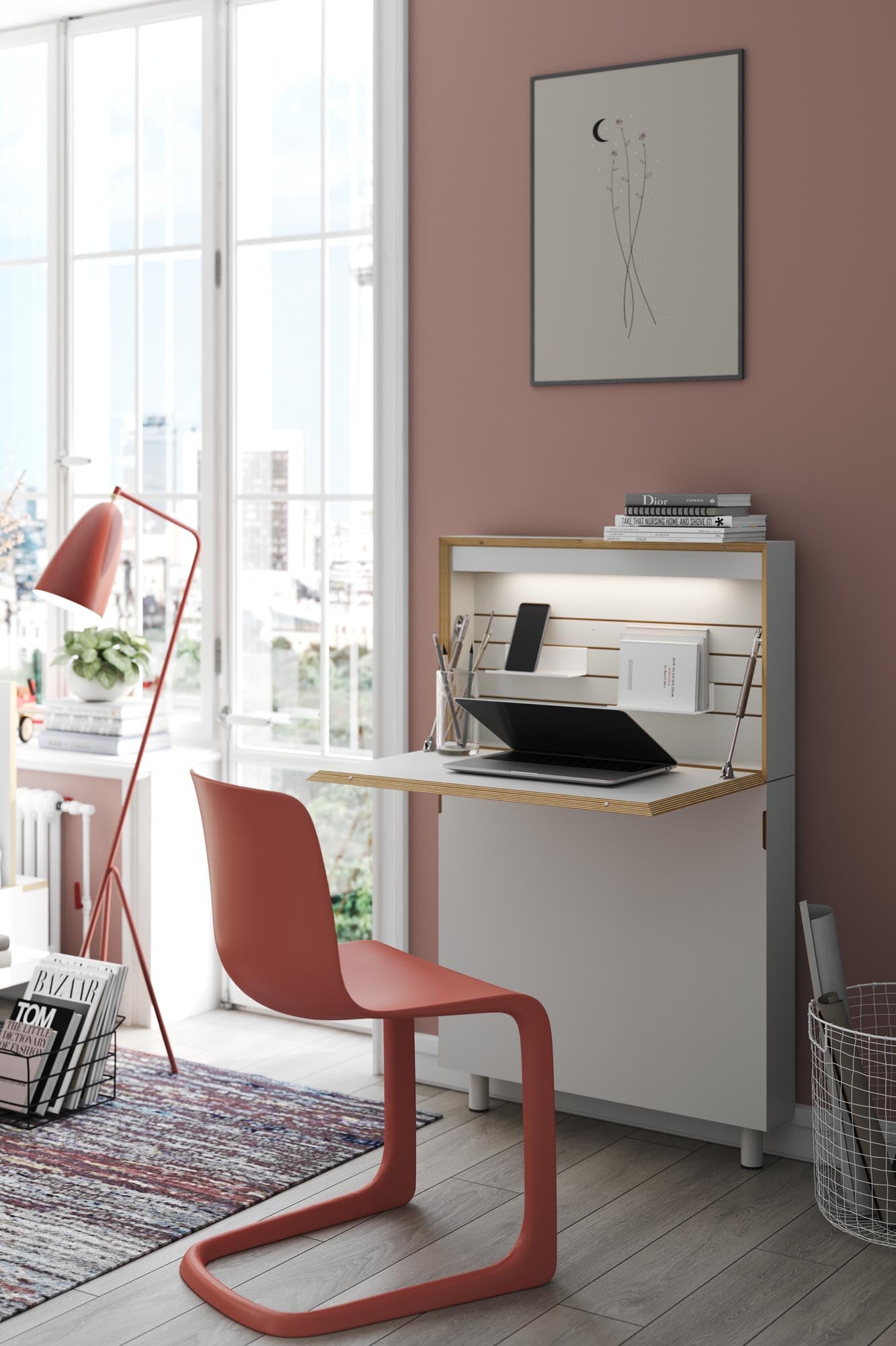 Kompakter Flatmate Sekretär mit Technikpaket 2 von Müller Möbelwerkstätten: Integrierte LED-Leuchte, USB-C-Anschlüsse und induktives Laden für modernes Arbeiten.