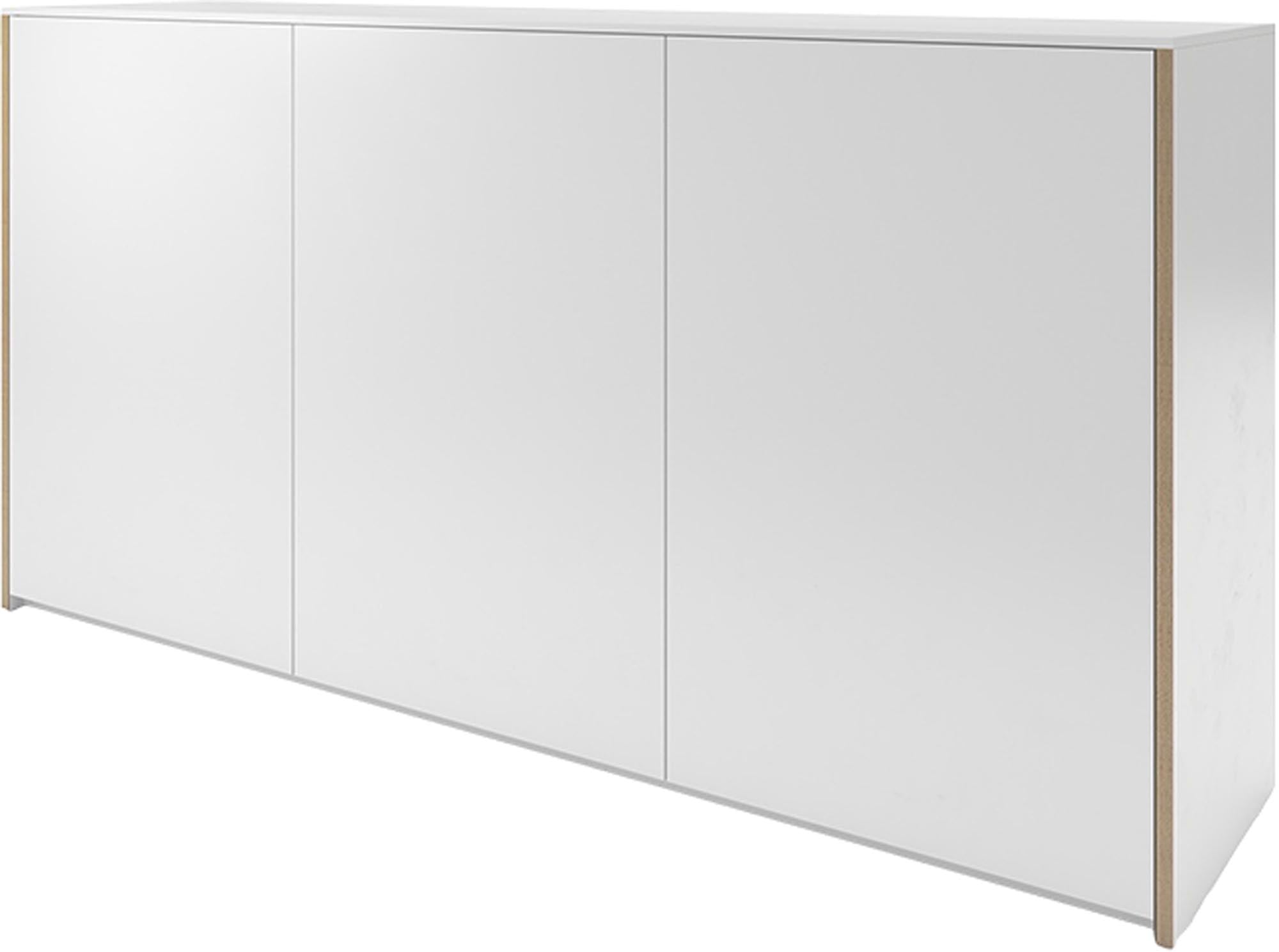 Weisses Sideboard mit Holzkante, zwei Türen, modernes Design, Modular Plus Kollektion von Müller Möbelwerkstätten, Frontalansicht.