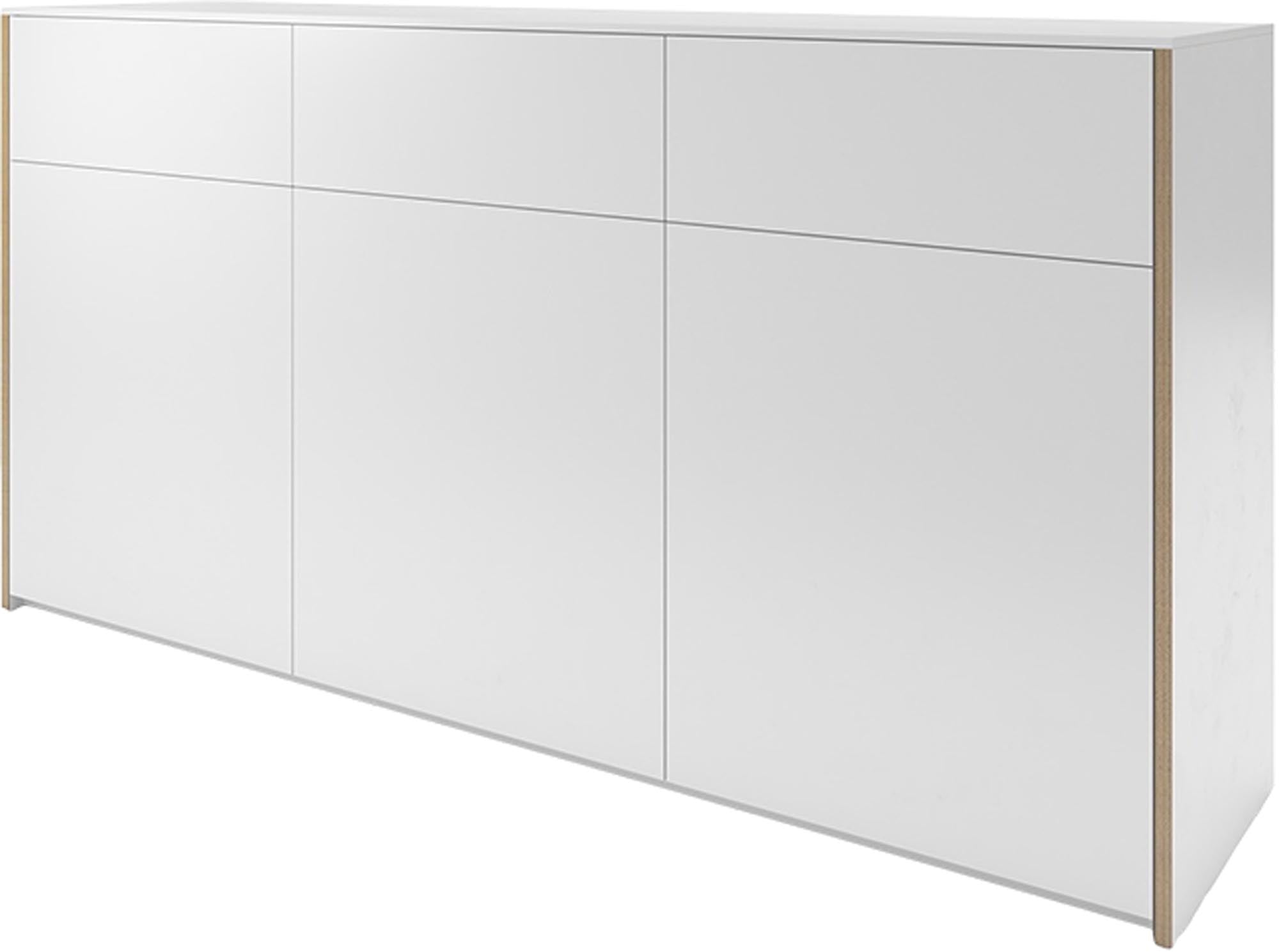 Sideboard 180/V3 von Müller Möbelwerkstätten in Weiss mit Kante aus Birkenschichtholz, matt lackiert, freistehend im Raum abgebildet.