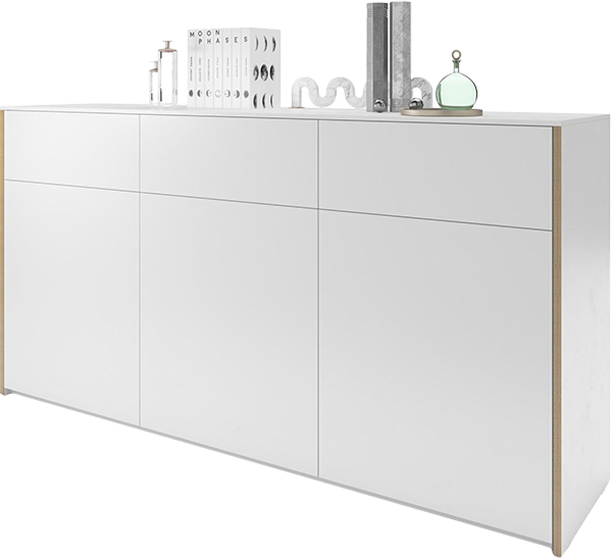 Sideboard 180/V3 von Müller Möbelwerkstätten in Weiss mit Kante aus Birkenschichtholz, matt lackiert, freistehend im Raum abgebildet.