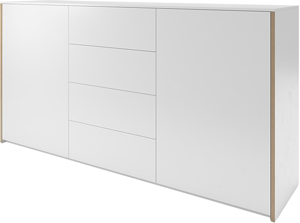 Weisses Sideboard mit Holzkante, Birkenschichtholz matt lackiert, Modular Plus Serie von Müller Möbelwerkstätten, Frontalansicht.