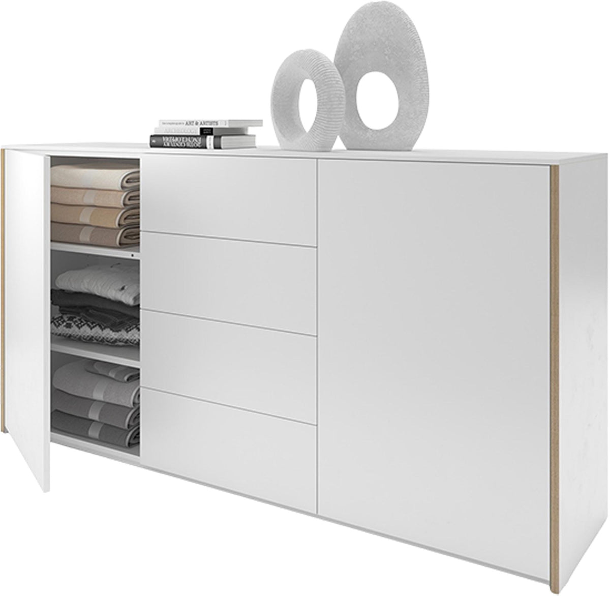 Weisses Sideboard mit Holzkante, Birkenschichtholz matt lackiert, Modular Plus Serie von Müller Möbelwerkstätten, Frontalansicht.