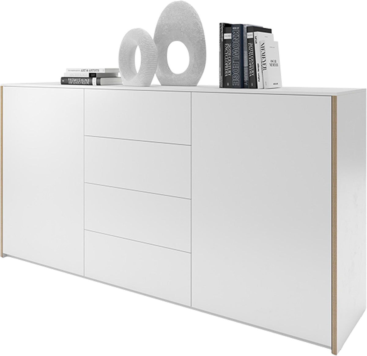 Weisses Sideboard mit Holzkante, Birkenschichtholz matt lackiert, Modular Plus Serie von Müller Möbelwerkstätten, Frontalansicht.