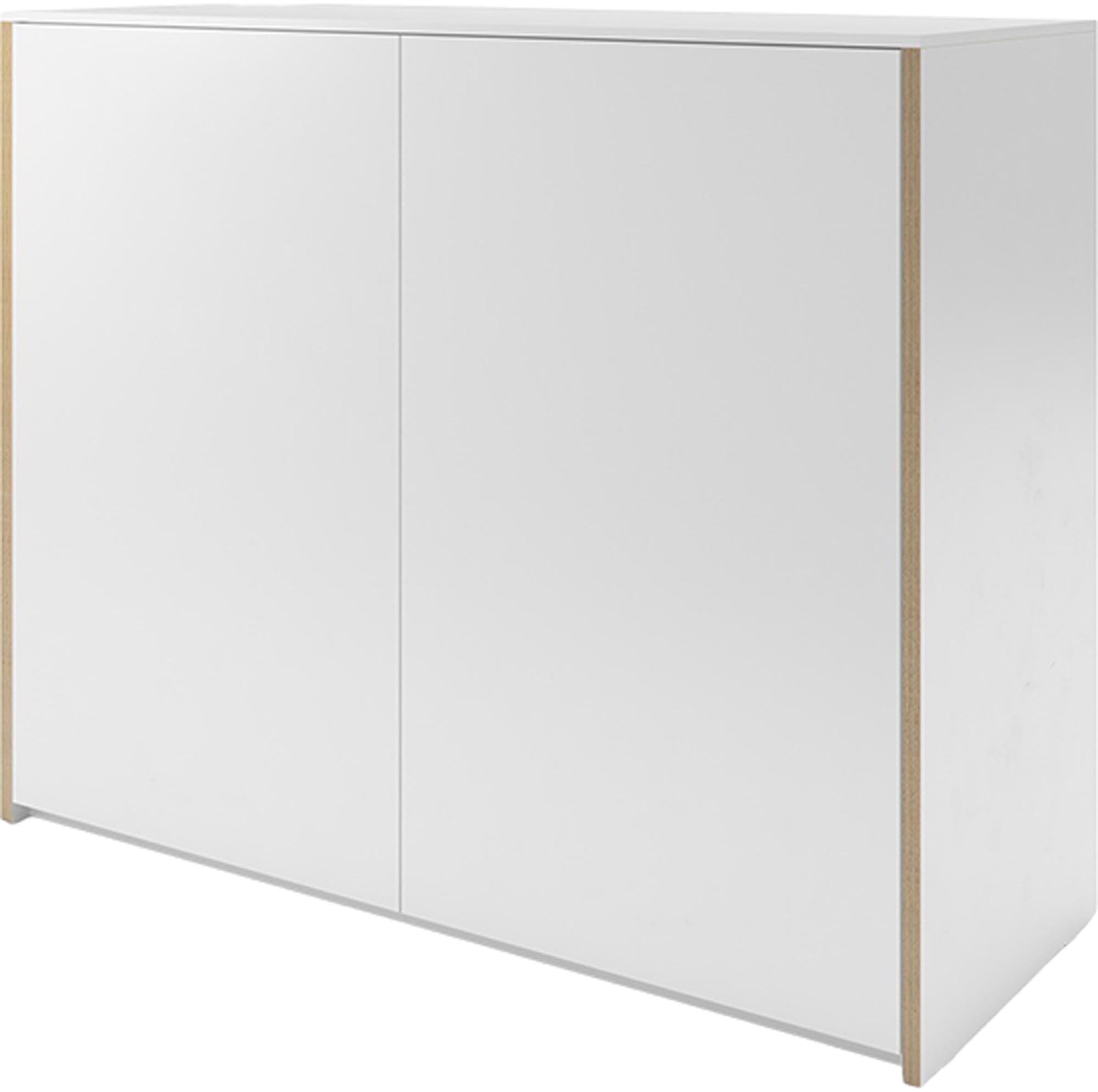 Weisses Sideboard mit Holzkante aus der Serie Modular Plus von Müller Möbelwerkstätten, matt lackierte Oberfläche, klare rechteckige Form.