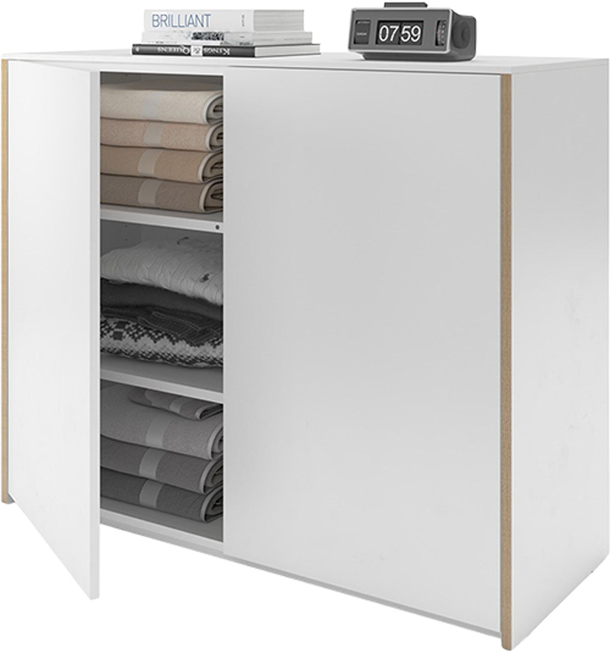 Weisses Sideboard mit Holzkante aus der Serie Modular Plus von Müller Möbelwerkstätten, matt lackierte Oberfläche, klare rechteckige Form.
