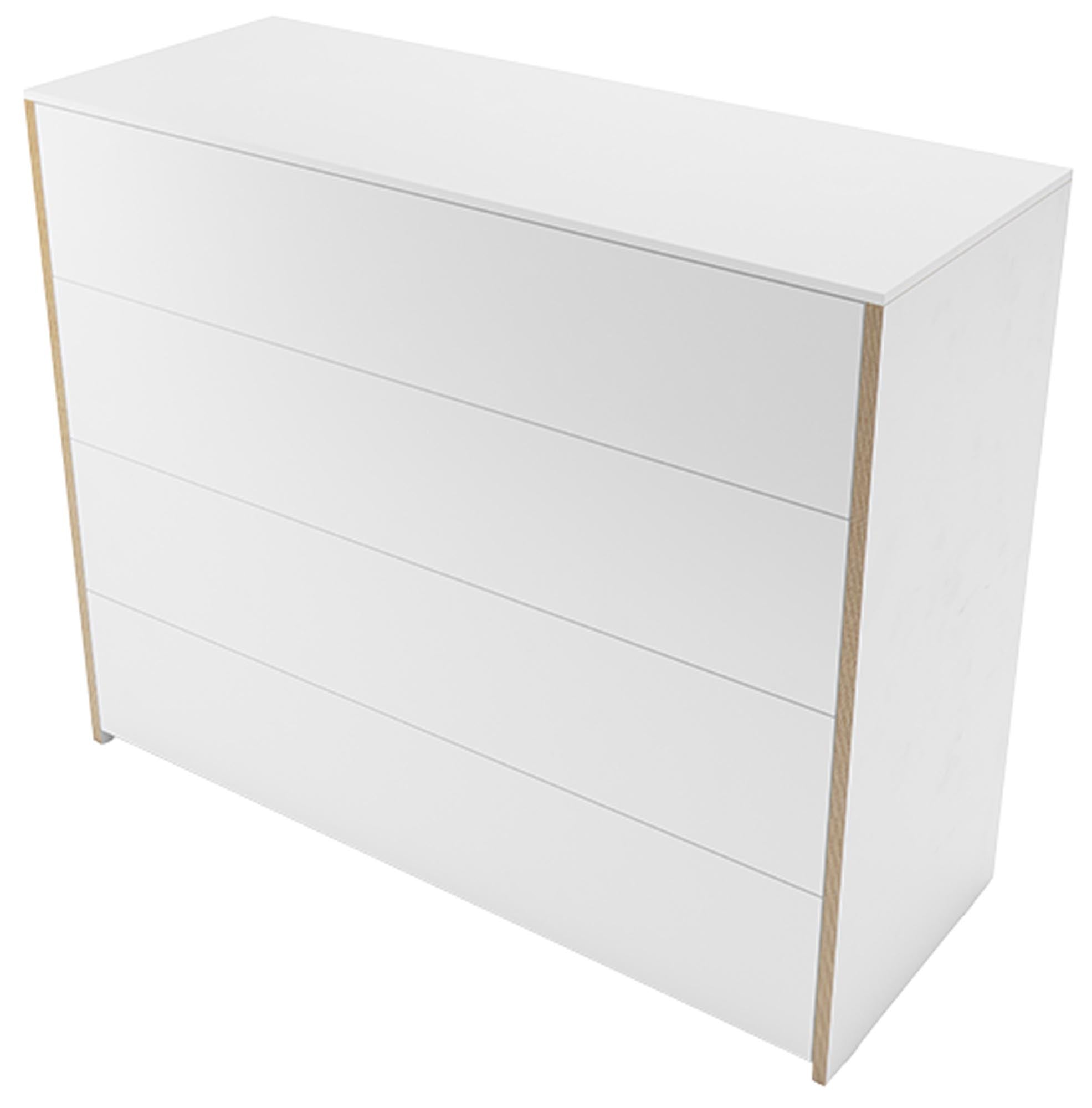 Weisses Sideboard mit Holzkante, matt lackiert, Modular Plus System von Müller Möbelwerkstätten, Frontalansicht mit geschlossenen Türen.