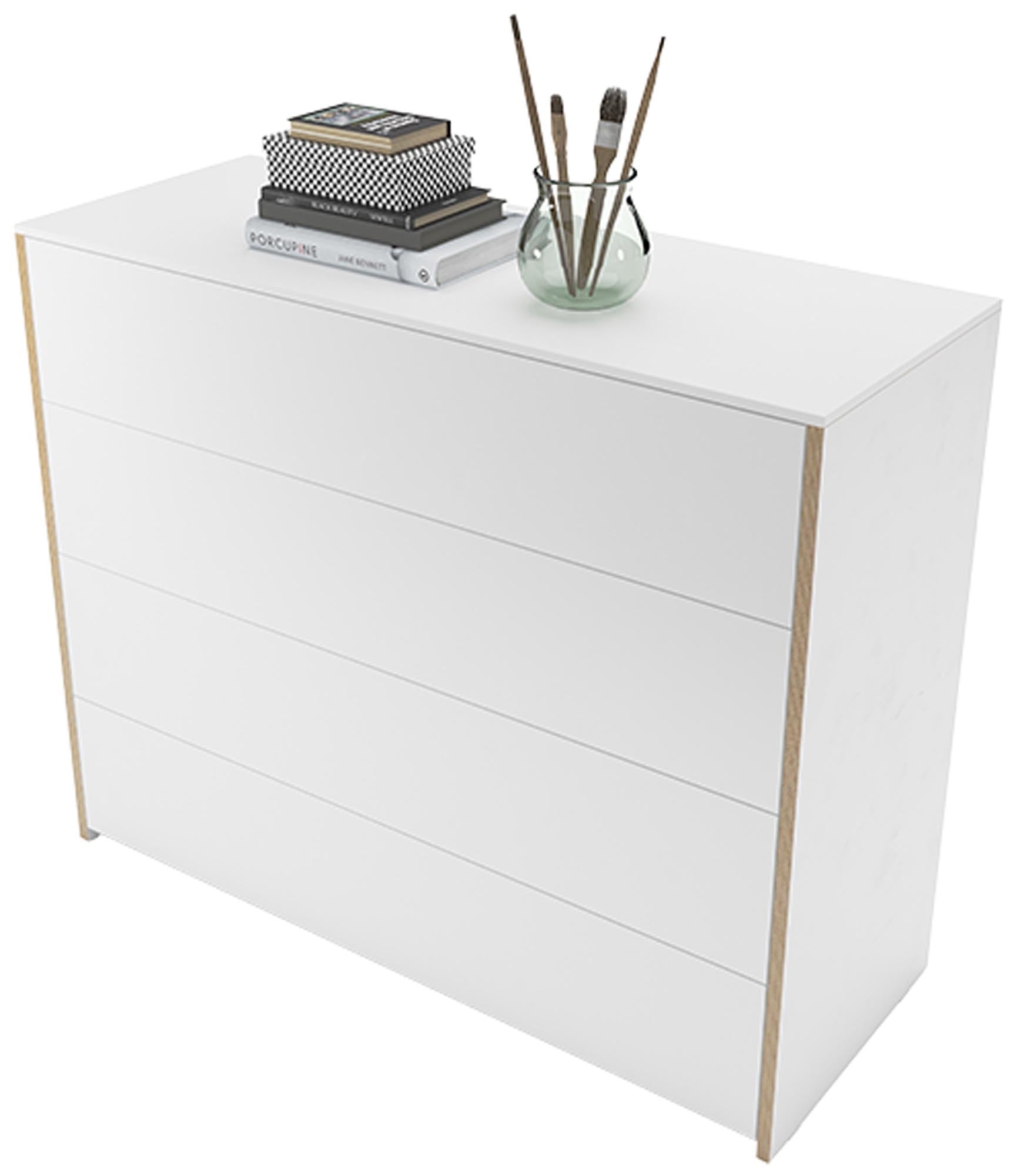 Weisses Sideboard mit Holzkante, matt lackiert, Modular Plus System von Müller Möbelwerkstätten, Frontalansicht mit geschlossenen Türen.