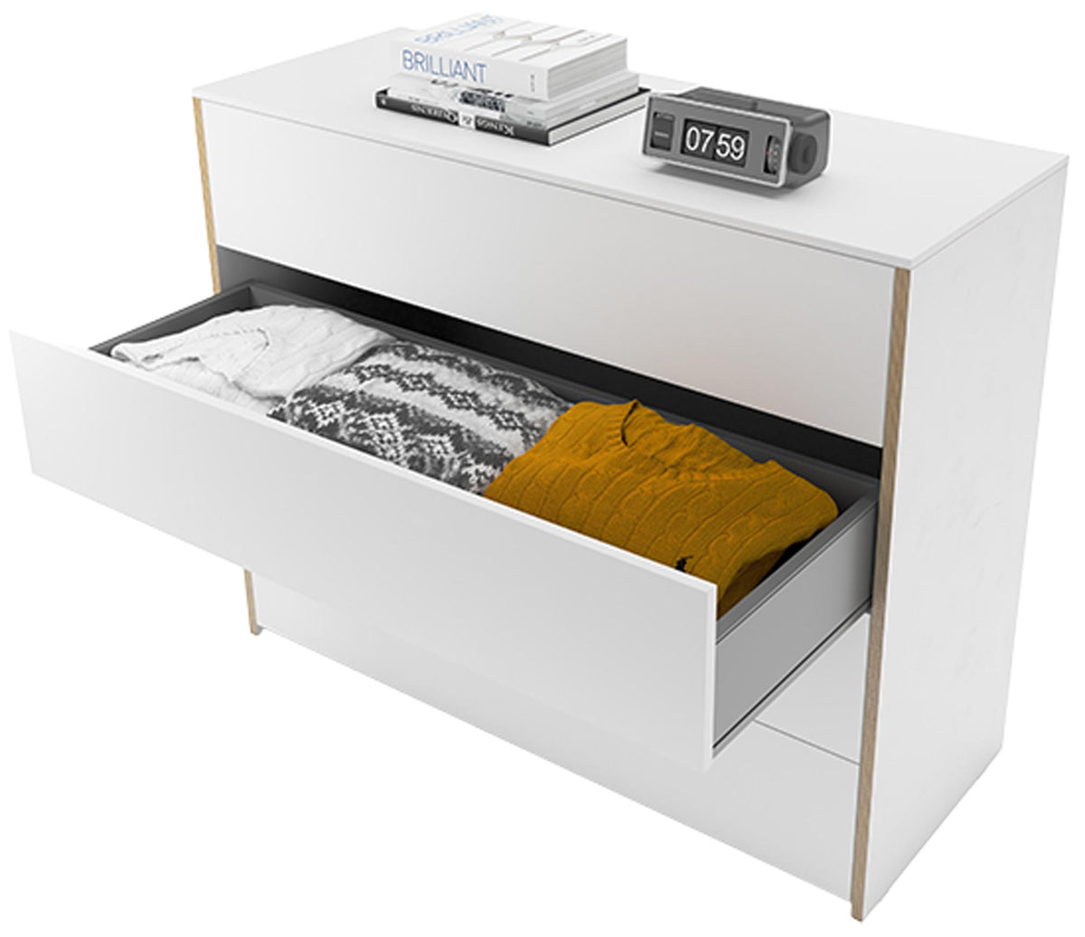 Weisses Sideboard mit Holzkante, matt lackiert, Modular Plus System von Müller Möbelwerkstätten, Frontalansicht mit geschlossenen Türen.