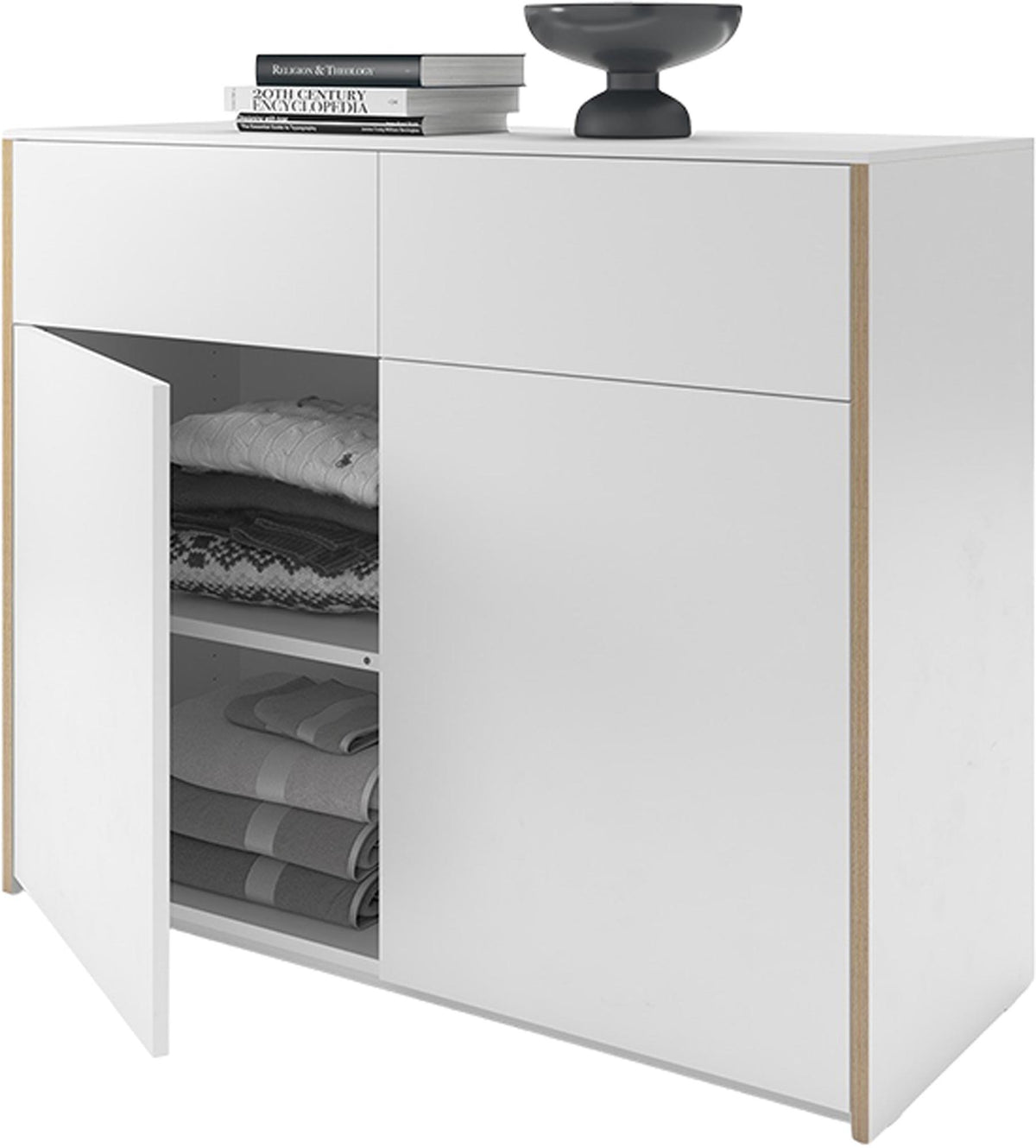 Weisses Sideboard mit sichtbarer Holzkante aus Birkenschichtholz, matt lackiert, klare Linienführung, Modular Plus Serie von Müller Möbelwerkstätten