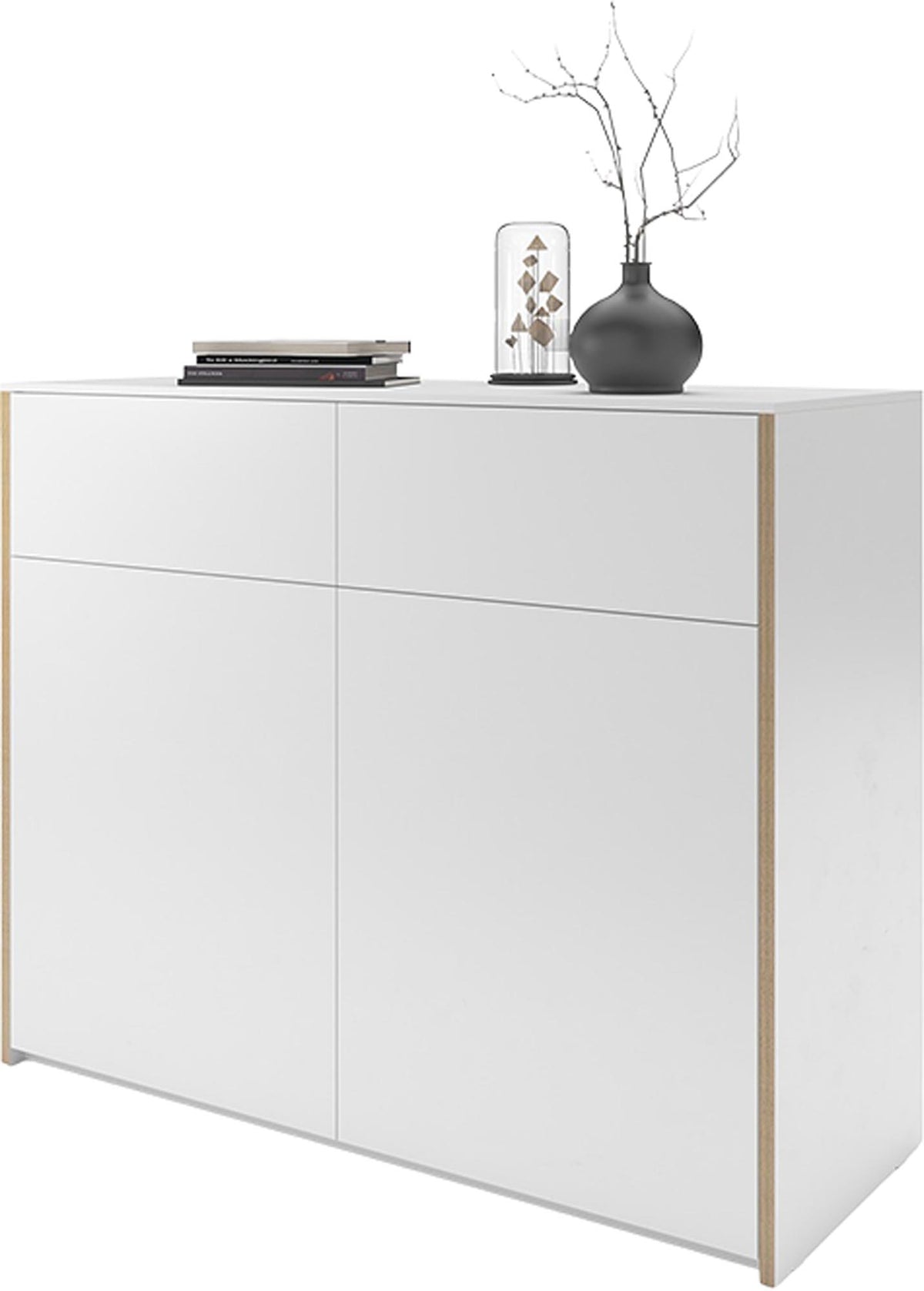 Weisses Sideboard mit sichtbarer Holzkante aus Birkenschichtholz, matt lackiert, klare Linienführung, Modular Plus Serie von Müller Möbelwerkstätten