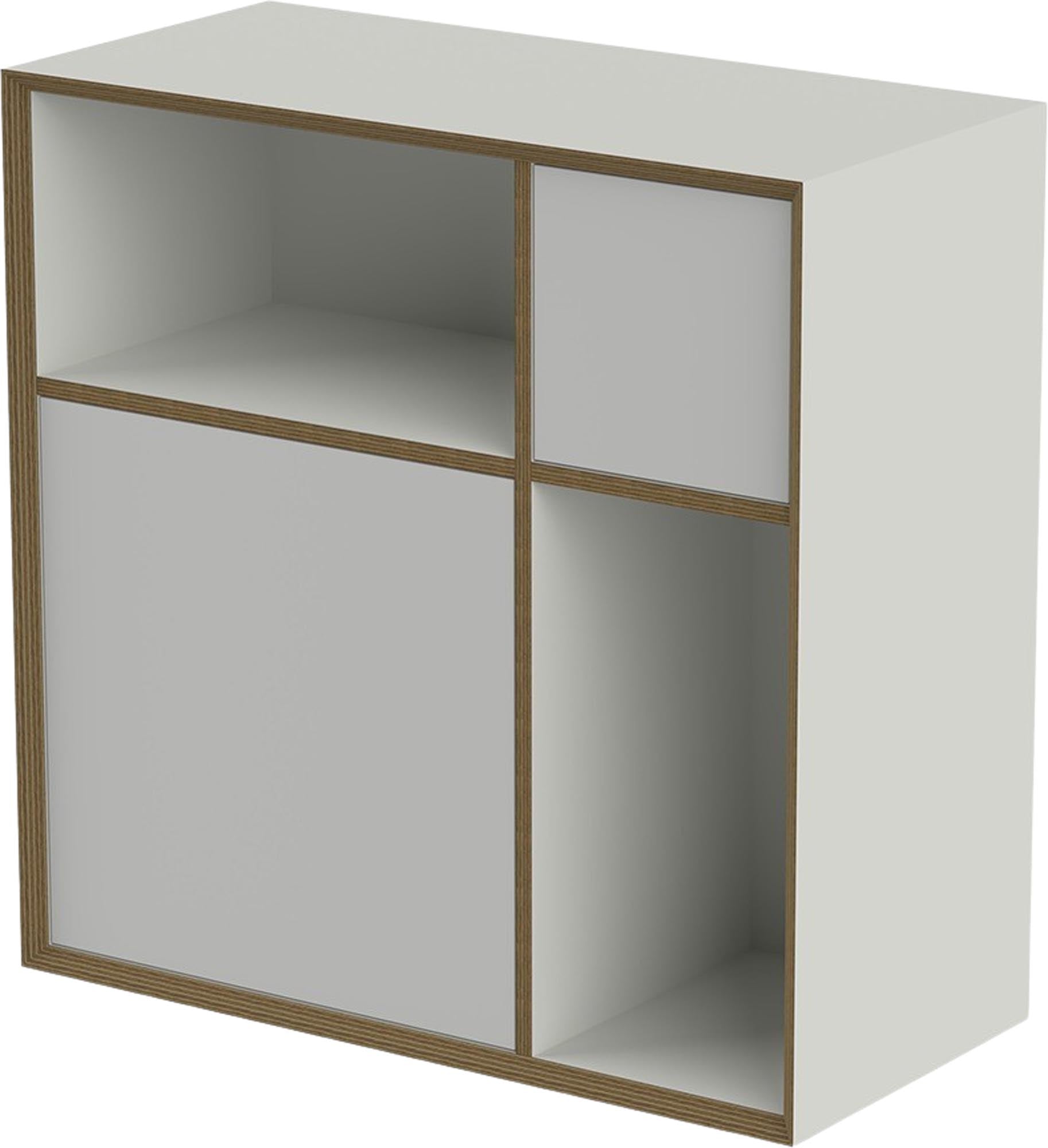 Vielseitiges VERTIKO PLY: Weisses Birkenholz, grifflos, push-to-open, als Sekretär oder Minibar nutzbar.