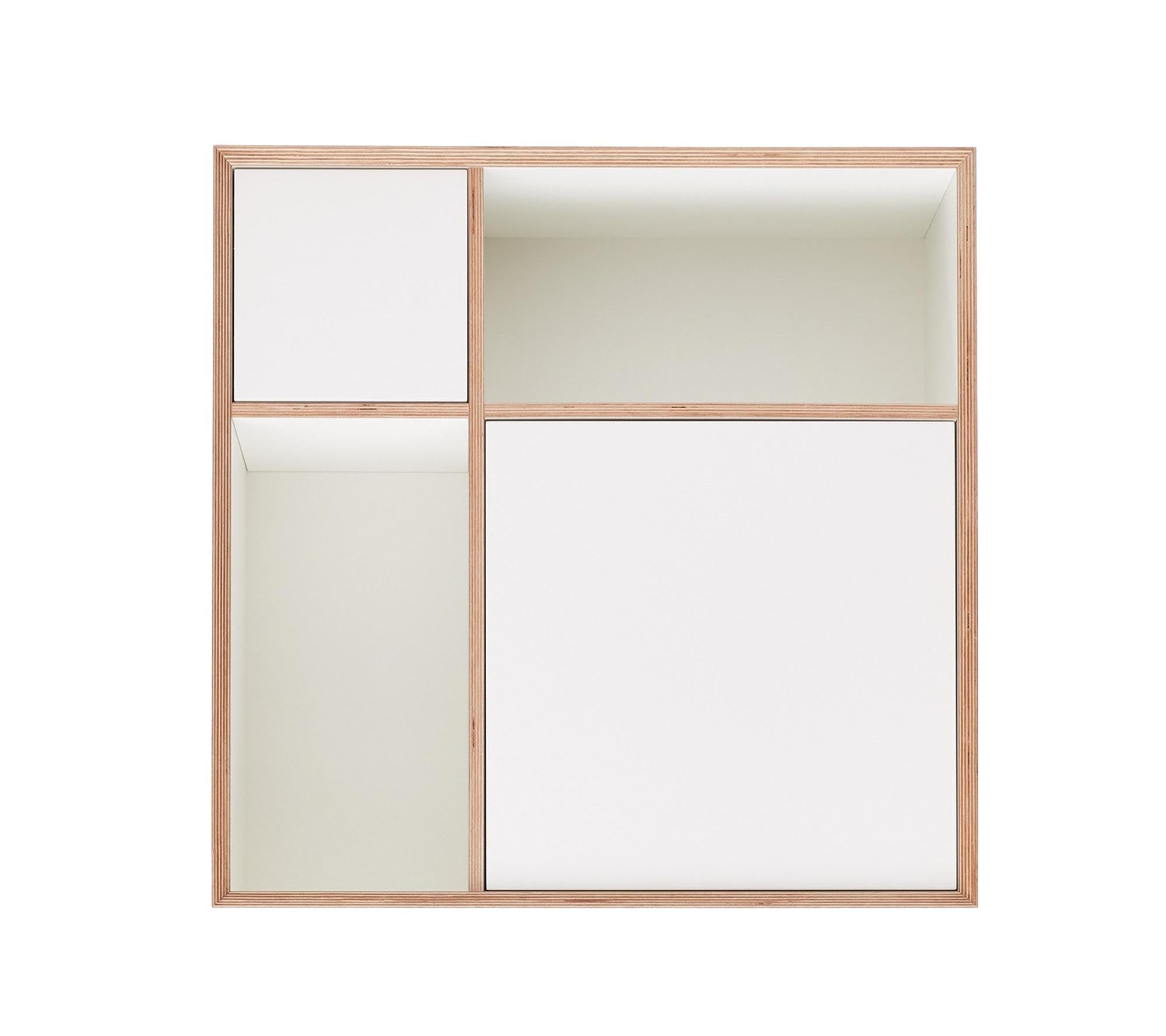 Vielseitiges VERTIKO PLY: Weisses Birkenholz, grifflos, push-to-open, als Sekretär oder Minibar nutzbar.