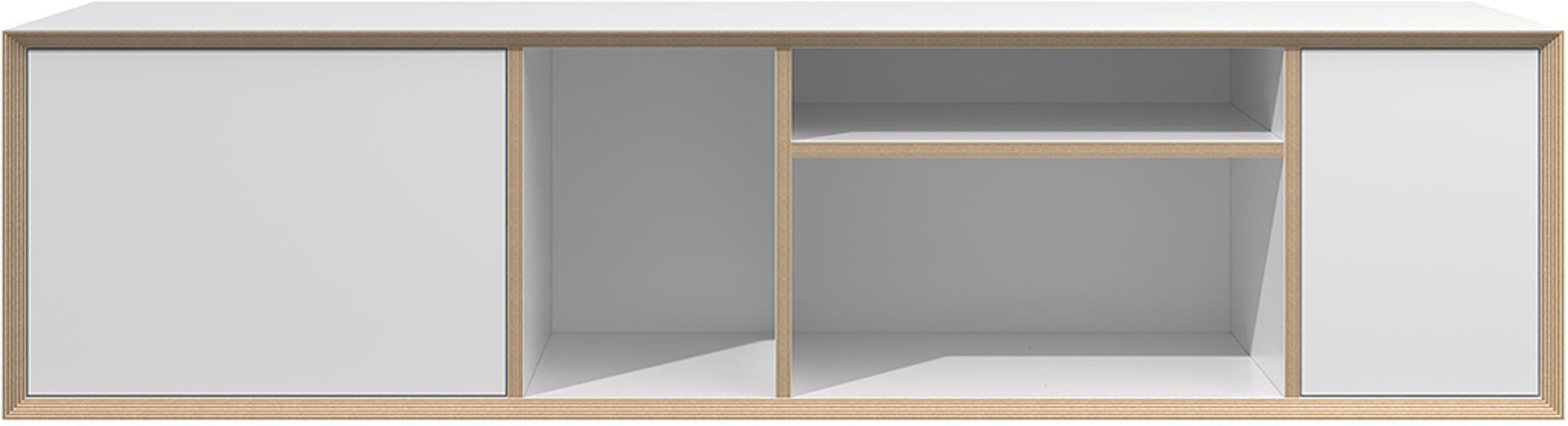 Vielseitiges VERTIKO Wide ONE: Weisses Birkenholz, grifflos, push-to-open, als Sekretär oder Minibar nutzbar.