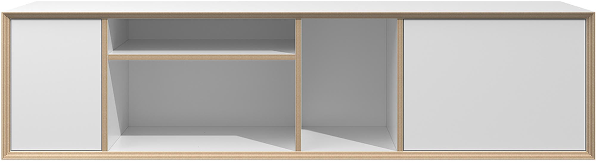 Vielseitiges VERTIKO Wide TWO: Weisses Birkenholz, grifflos, push-to-open, als Sekretär oder Minibar nutzbar.