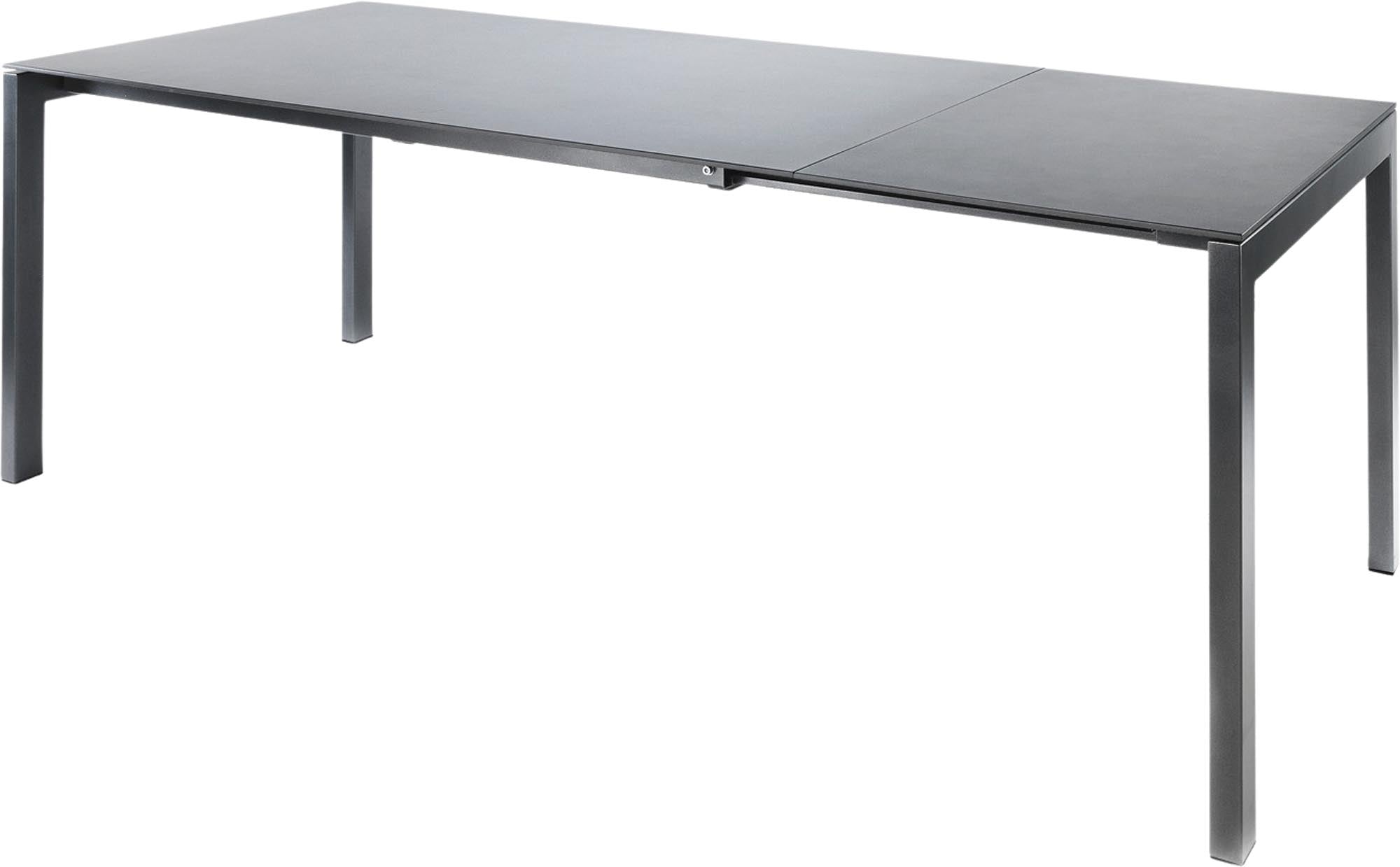 Moderner Luzern Glasfaser-Gartentisch 160/220x90 ausziehbar, wetterfest, robust und designstark – ideal für flexible und elegante Outdoor-Aktivitäten.