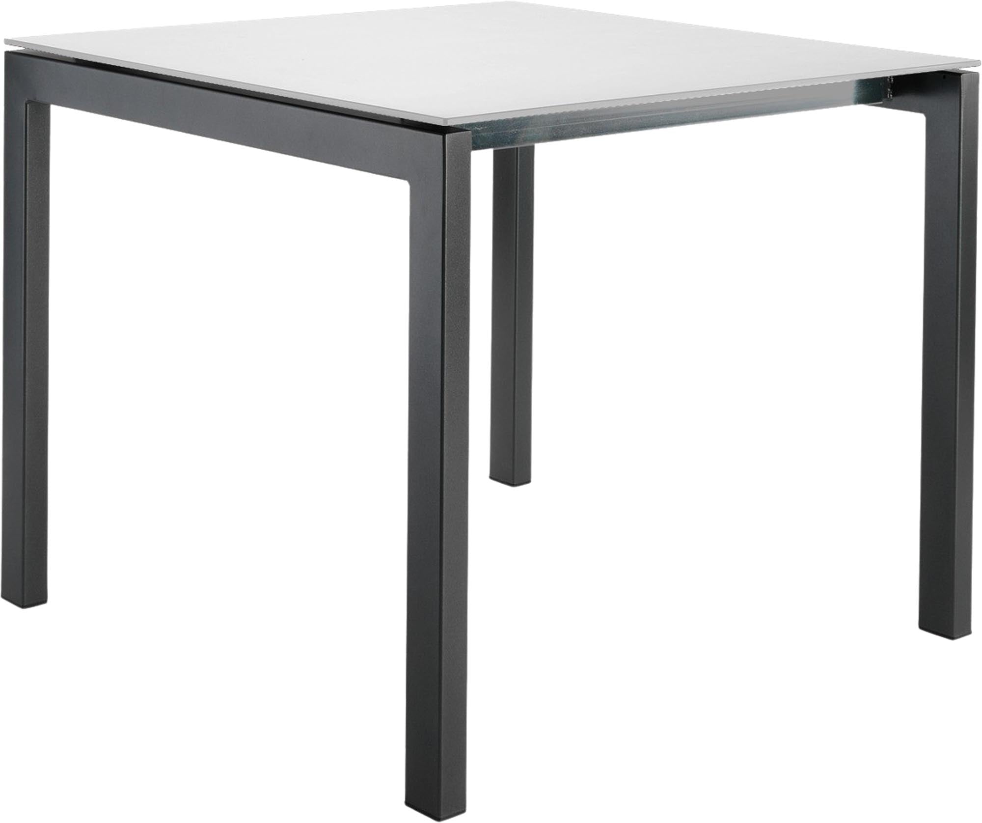 Eleganter Luzern Glasfaser-Gartentisch 80x80 von Schaffner, wetterfest, ausziehbar, hitzebeständig, modernes Design, Schweizer Qualität für Garten & Terrasse.