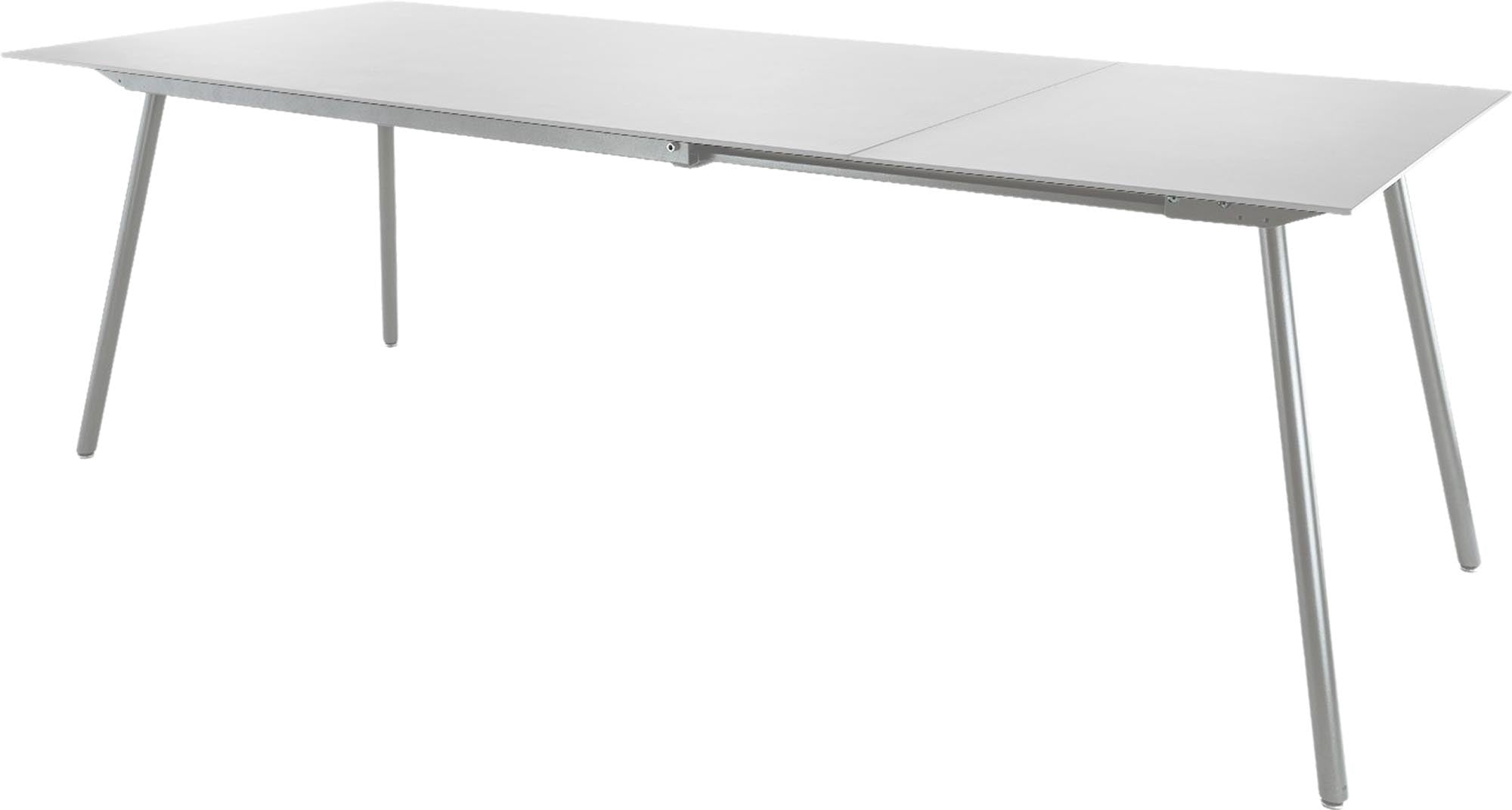 Moderner Gartentisch aus Glasfaser, ausziehbar von 160 auf 220 cm, ideal für gesellige Abende im Freien, robust und stilvoll.