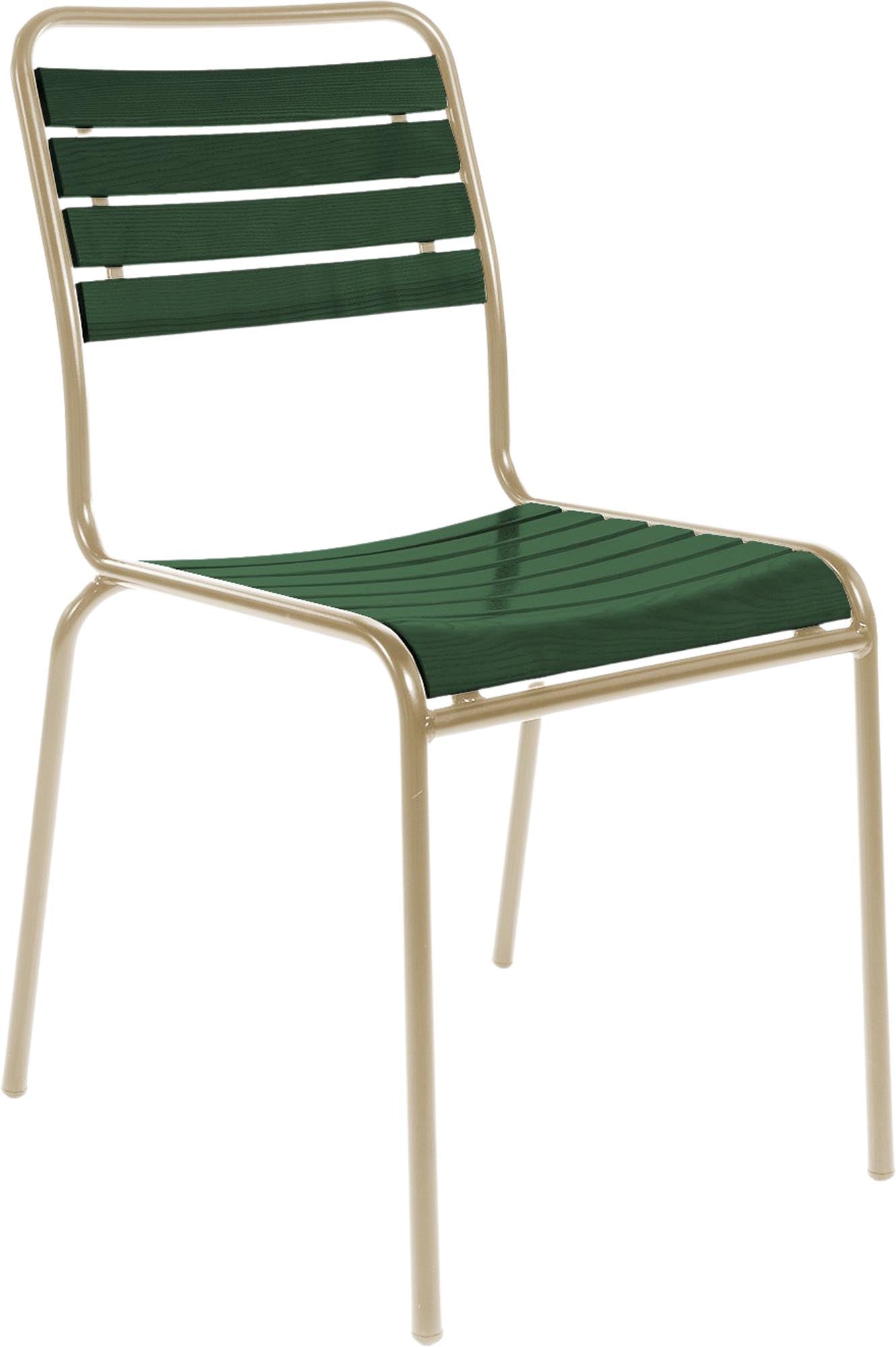 Rigi Holzlatten-Gartenstuhl ohne Armlehne in Tannengrün präsentiert im Onlineshop von KAQTU Design AG. Gartenstuhl ist von Schaffner