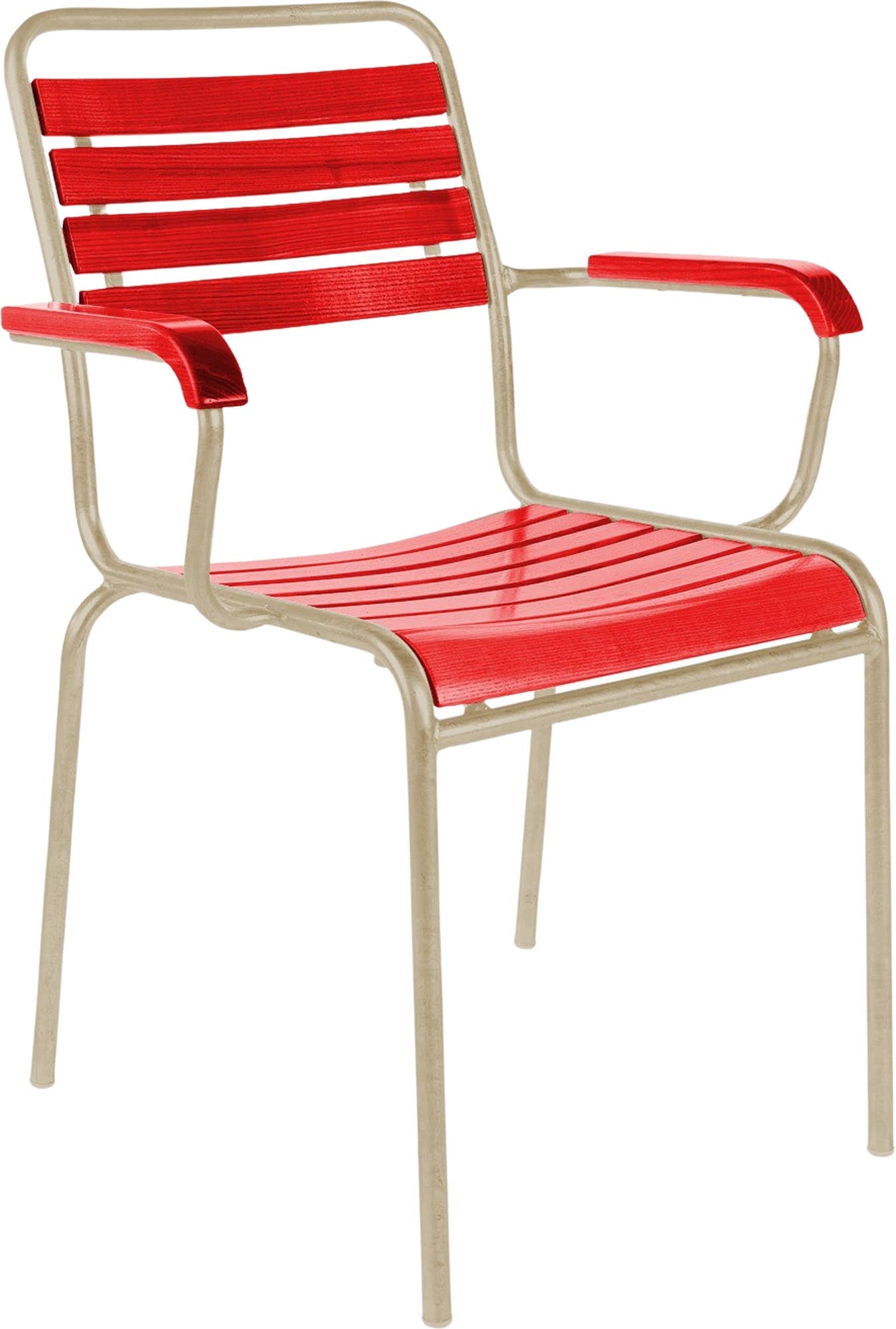 Rigi Holzlatten-Gartenstuhl mit Armlehne in Rot präsentiert im Onlineshop von KAQTU Design AG. Gartenstuhl mit Armlehnen ist von Schaffner
