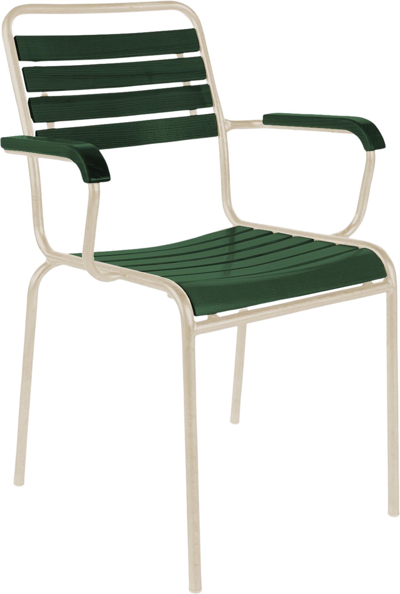 Eleganter Holzlattenstuhl Rigi mit praktischen Armlehnen, hochwertig in der Schweiz hergestellt. Ideal für Garten und Terrasse.